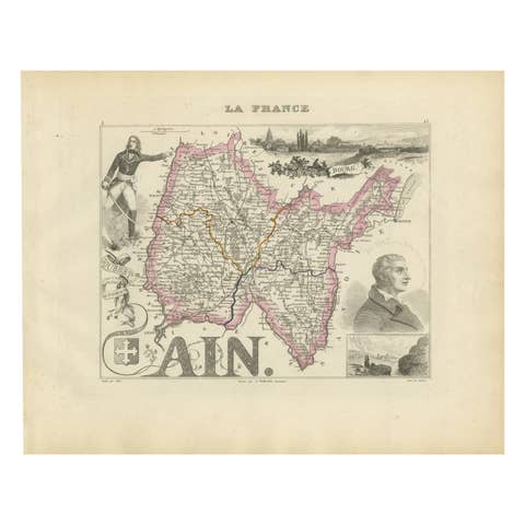 Map of Ain France with Vineyards of Bugey and Notable Portraits, c.1850