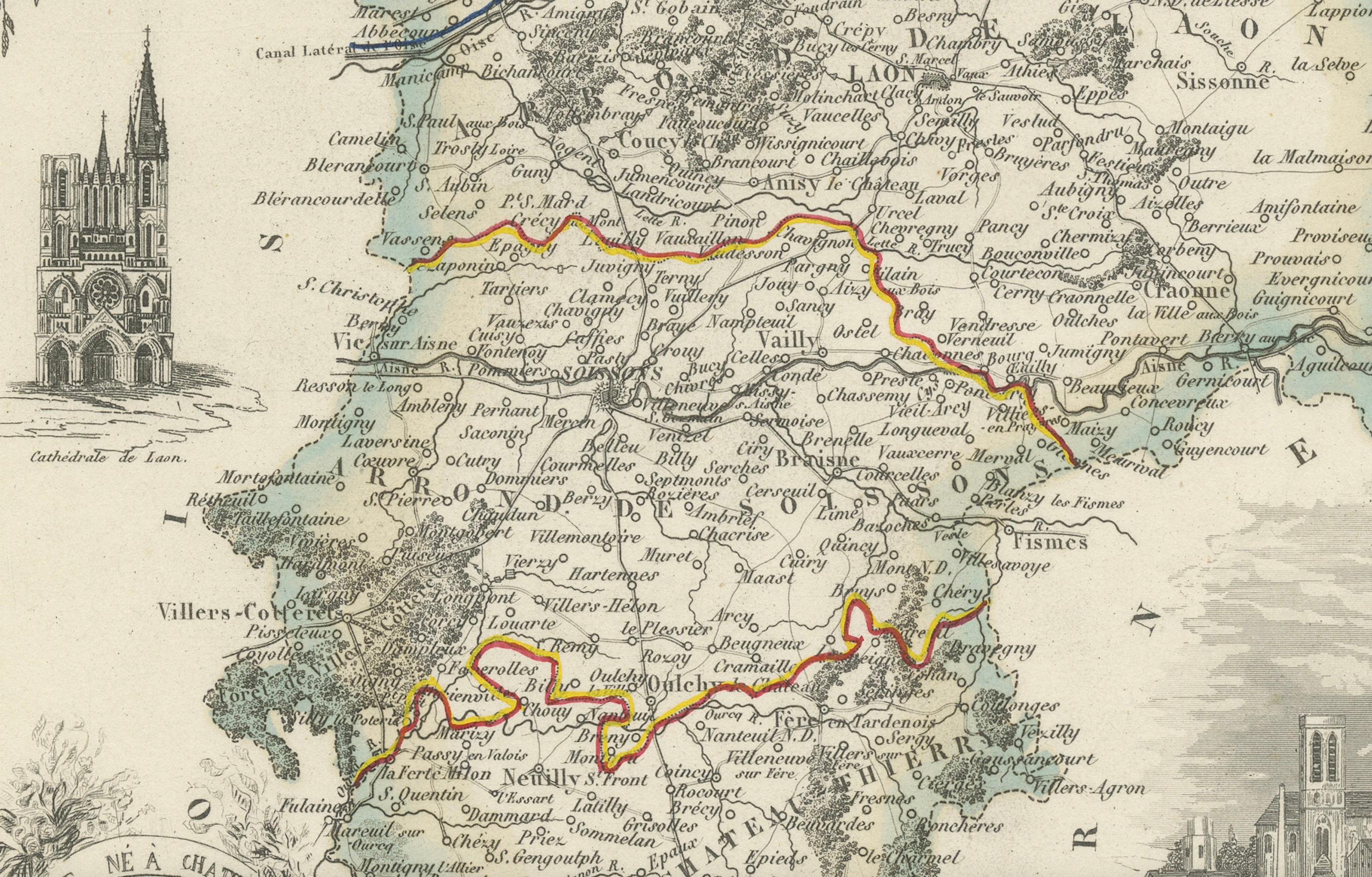 Map of Aisne France with Soissons and Champagne Vineyards by Vuillemin, 19th c

Description:
This richly detailed 19th-century engraved and hand-colored map of the department of Aisne in northern France is part of Alexandre Vuillemin’s renowned