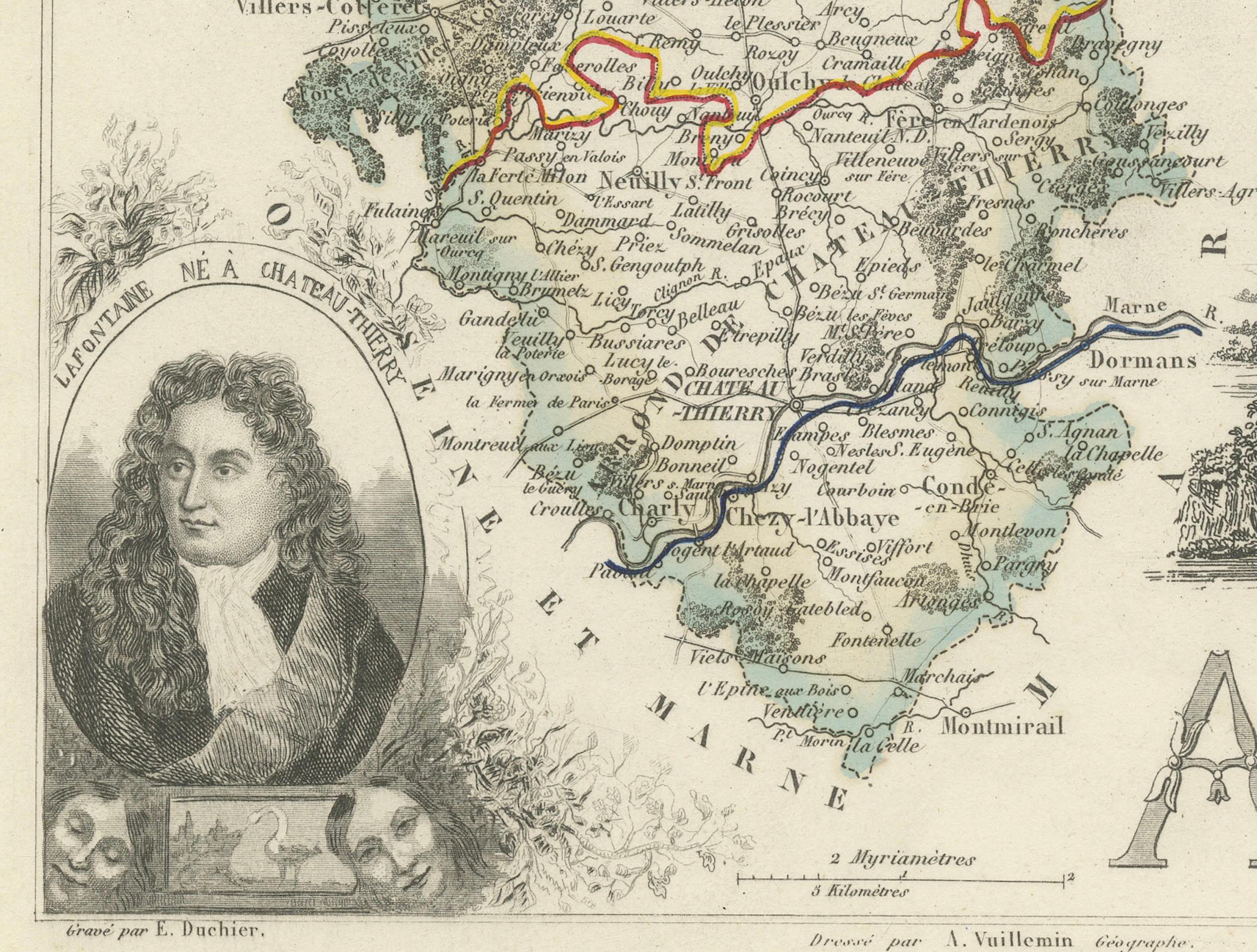 French Map of Aisne France with Soissons and Champagne Vineyards by Vuillemin, 19th c For Sale