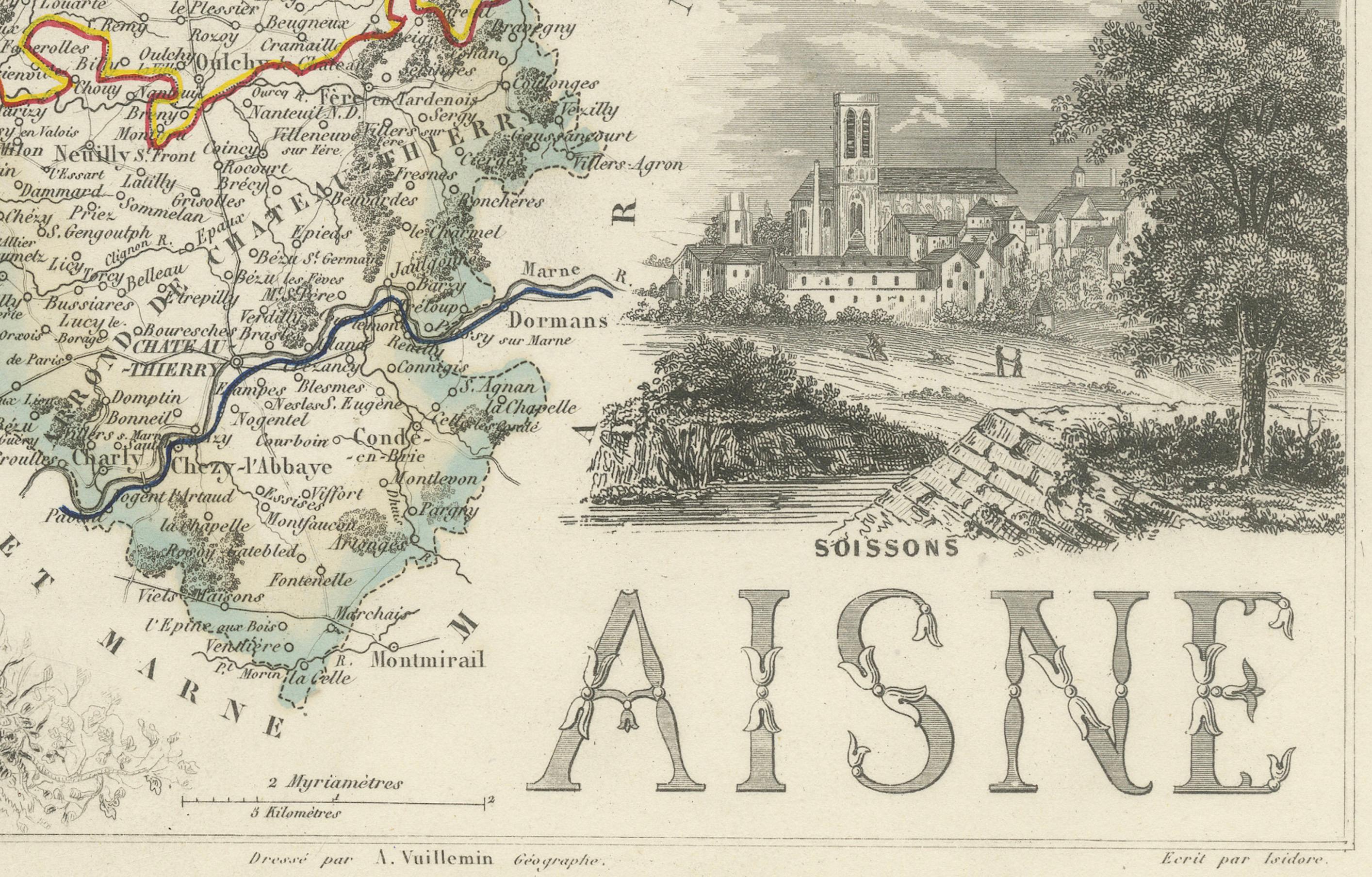 Engraved Map of Aisne France with Soissons and Champagne Vineyards by Vuillemin, 19th c For Sale
