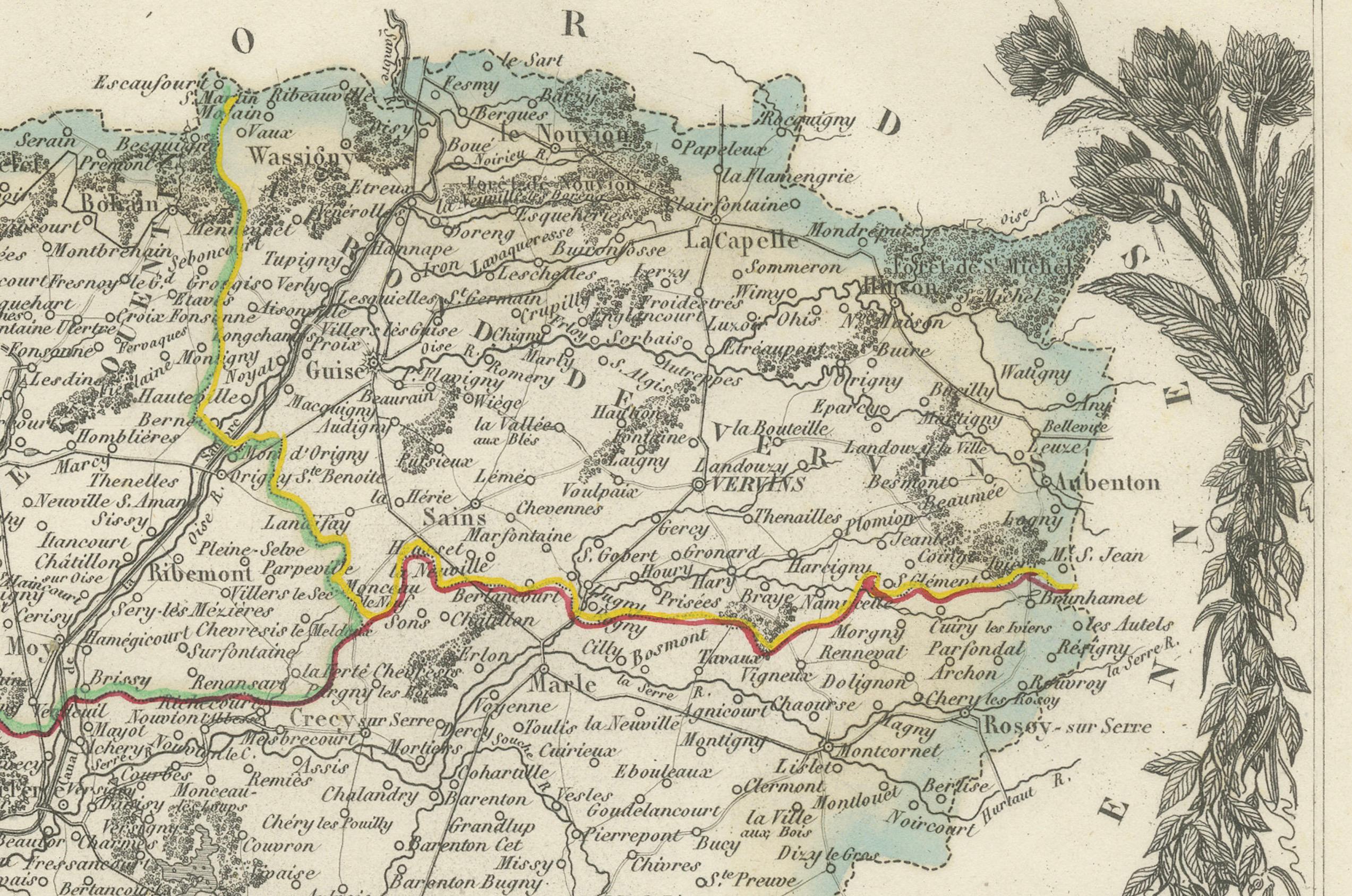 Map of Aisne France with Soissons and Champagne Vineyards by Vuillemin, 19th c In Good Condition For Sale In Langweer, NL