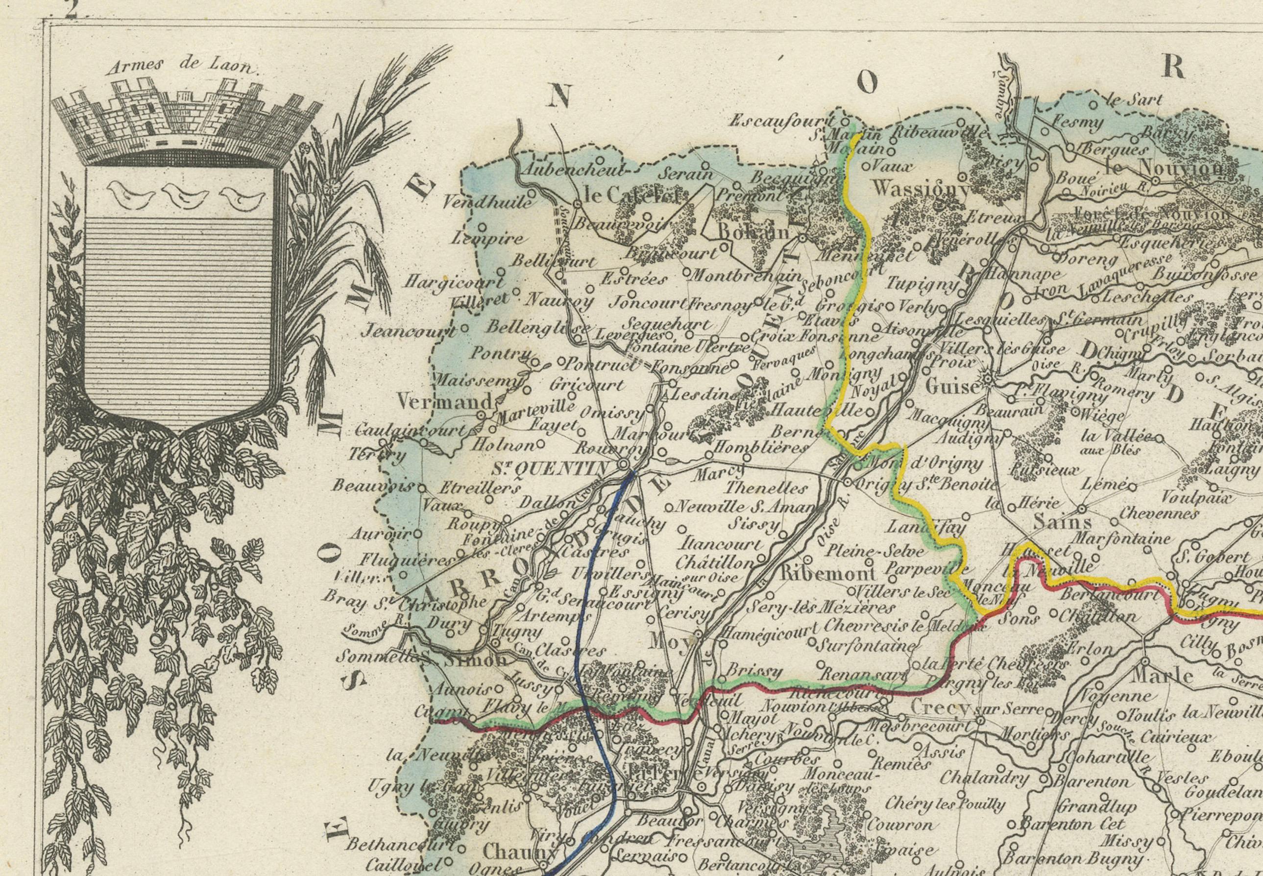 19th Century Map of Aisne France with Soissons and Champagne Vineyards by Vuillemin, 19th c For Sale