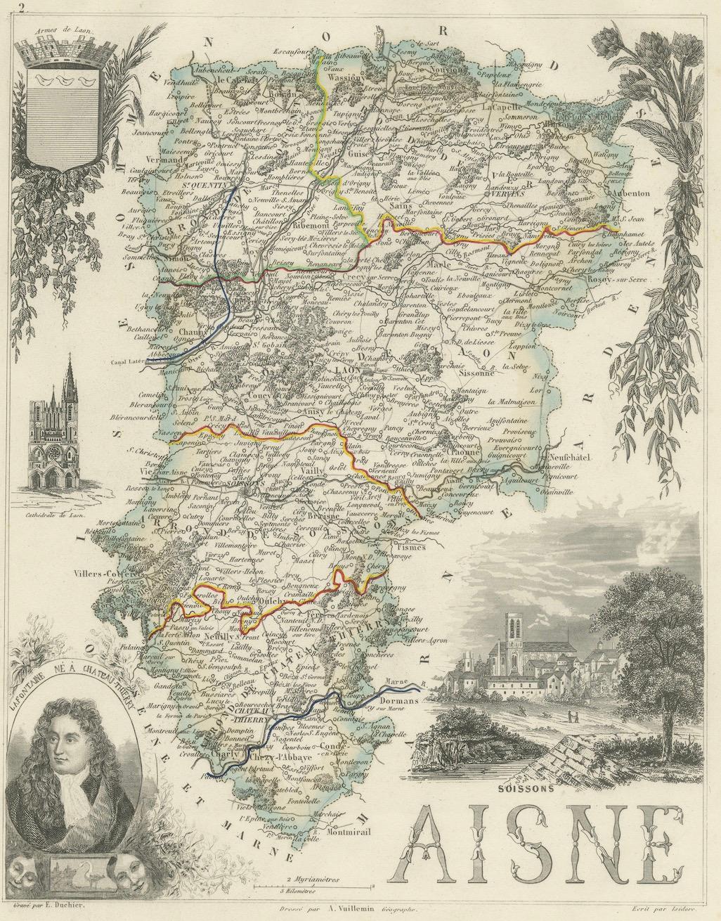 Paper Map of Aisne France with Soissons and Champagne Vineyards by Vuillemin, 19th c For Sale