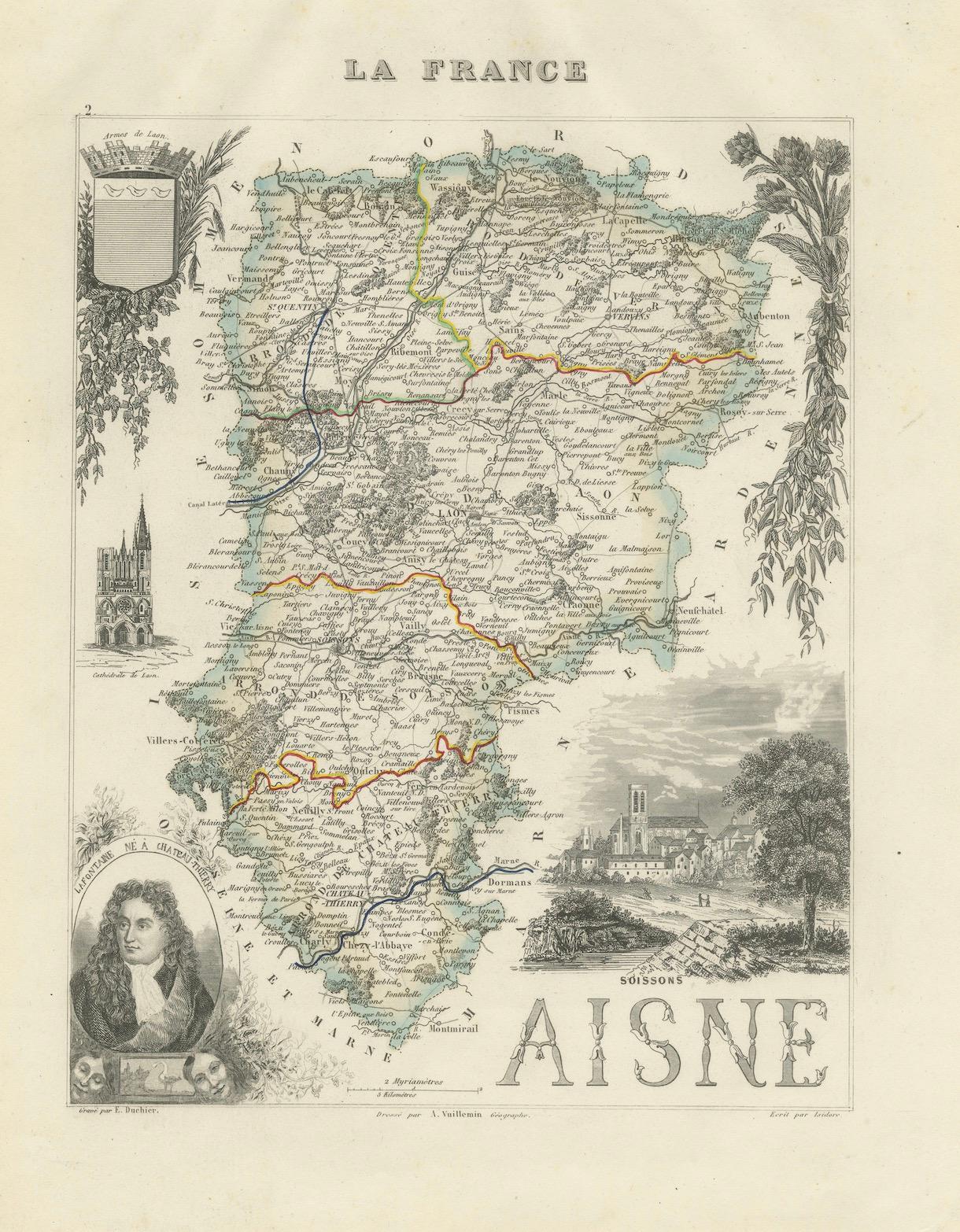 Map of Aisne France with Soissons and Champagne Vineyards by Vuillemin, 19th c For Sale 1
