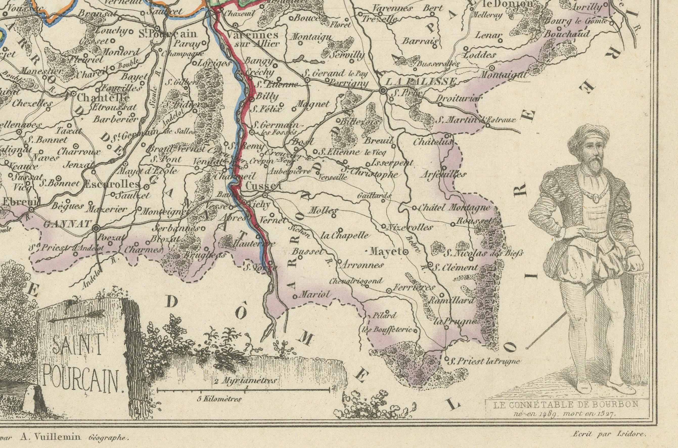 Engraved Map of Allier France with Saint-Pourçain Wine Region by Vuillemin, 19th c For Sale