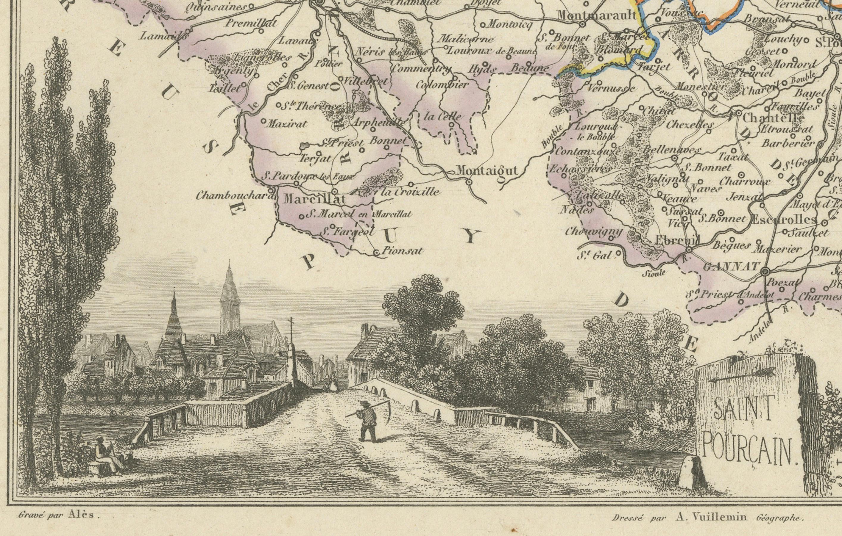Map of Allier France with Saint-Pourçain Wine Region by Vuillemin, 19th c In Good Condition For Sale In Langweer, NL