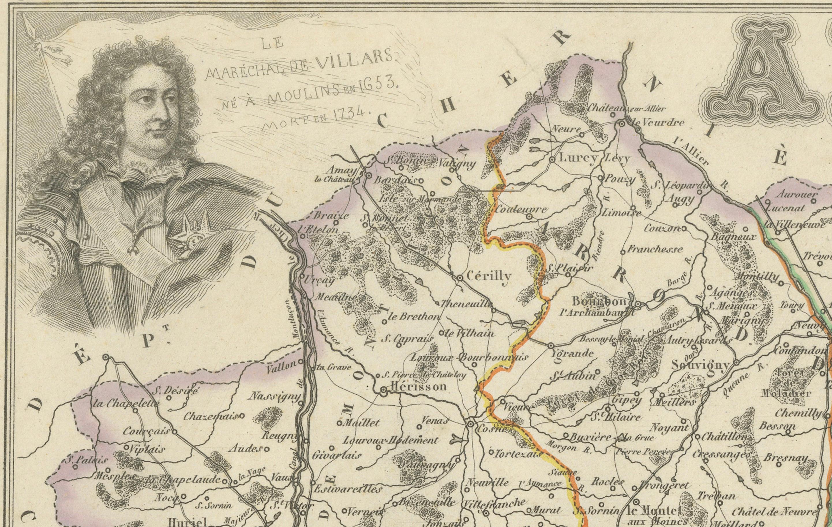 19th Century Map of Allier France with Saint-Pourçain Wine Region by Vuillemin, 19th c For Sale