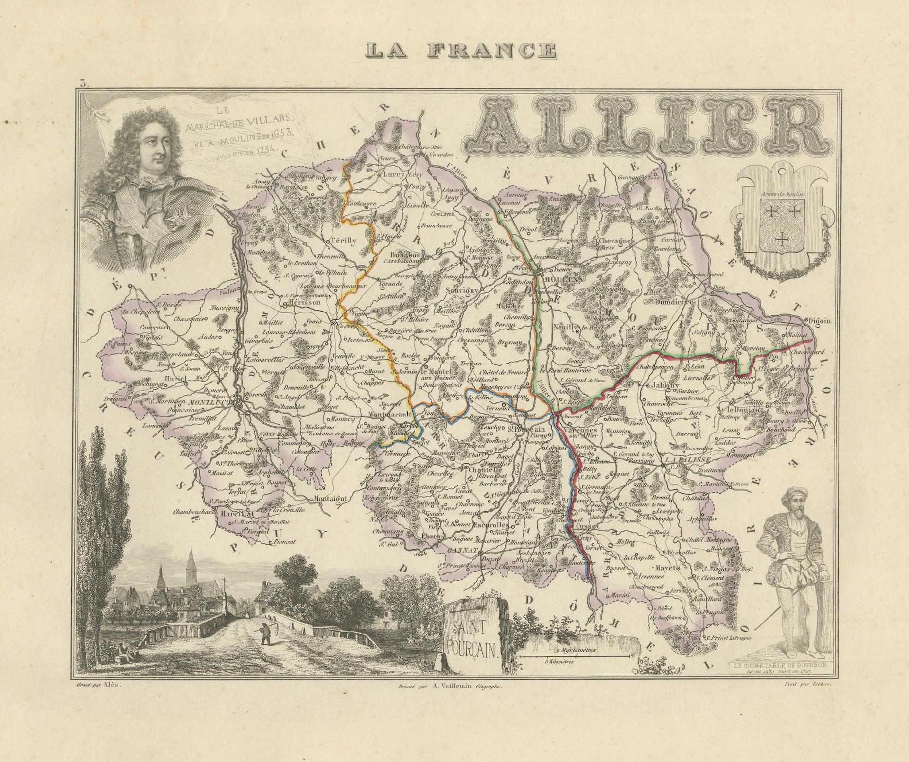 Map of Allier France with Saint-Pourçain Wine Region by Vuillemin, 19th c For Sale 1