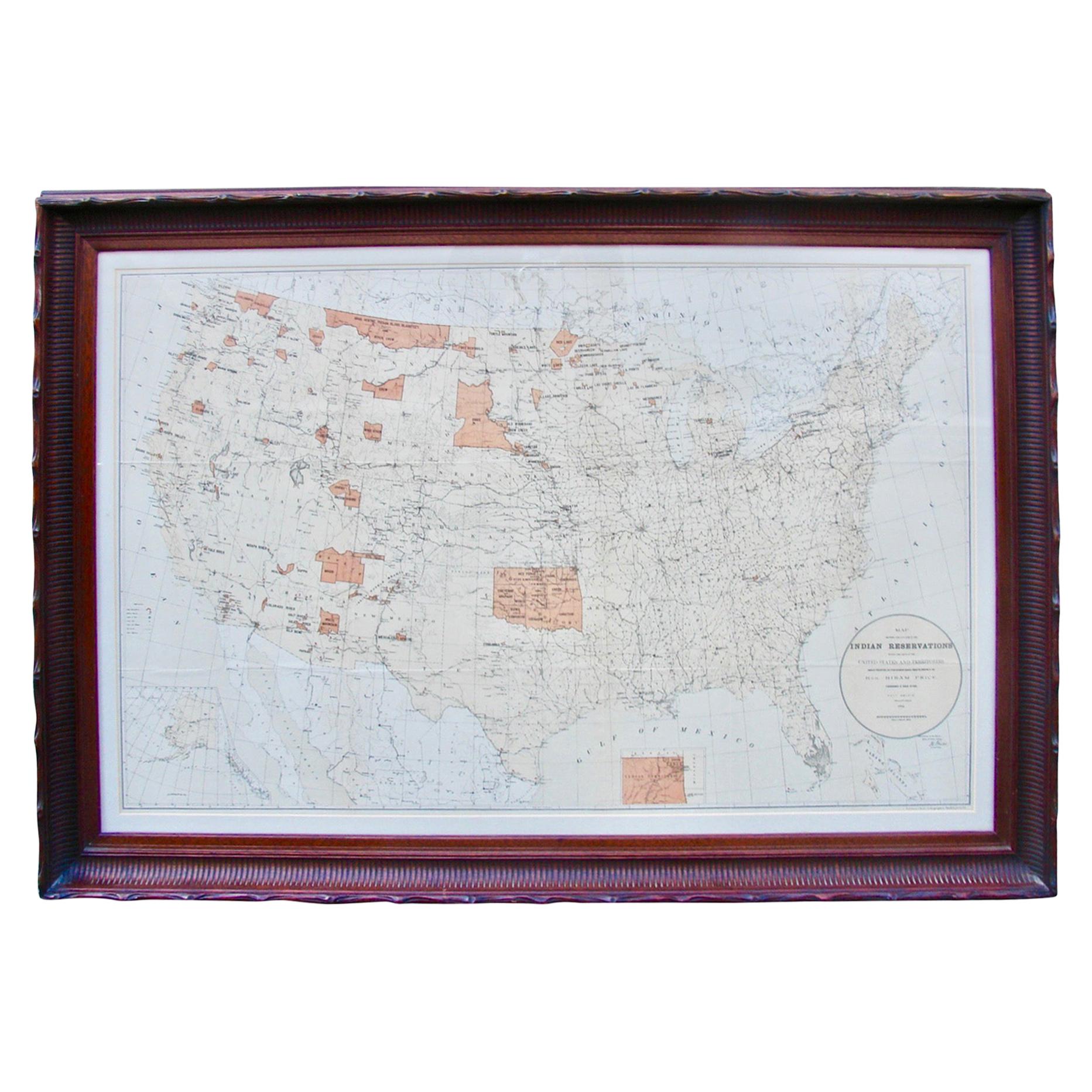 Map of American Indian Reservations 1884 in Period Walnut Frame