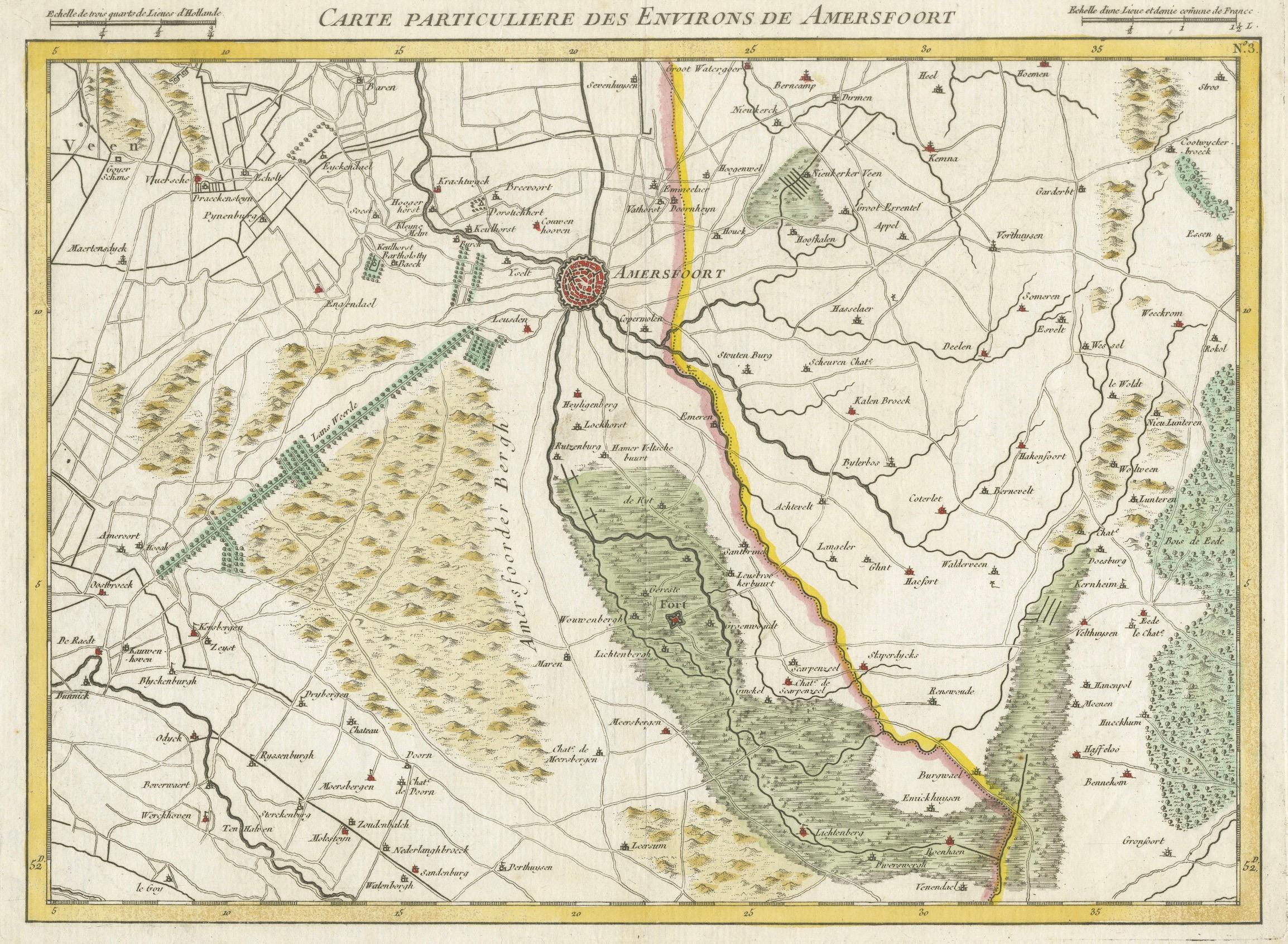 Carte de Amersfoort et contours de Covens & Mortier, publiée en 1747

Gravure sur cuivre coloriée à la main intitulée *Carte Particulière des Environs de Amersfoort*, réalisée par Jean Covens et Corneille Mortier. Cette carte détaillée décrit les