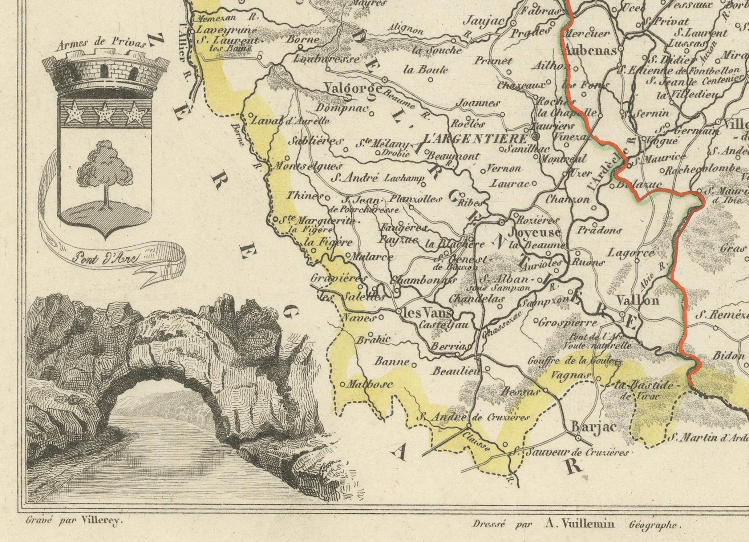 French Map of Ardèche France with Annonay and Vineyards by Vuillemin, 19th c For Sale