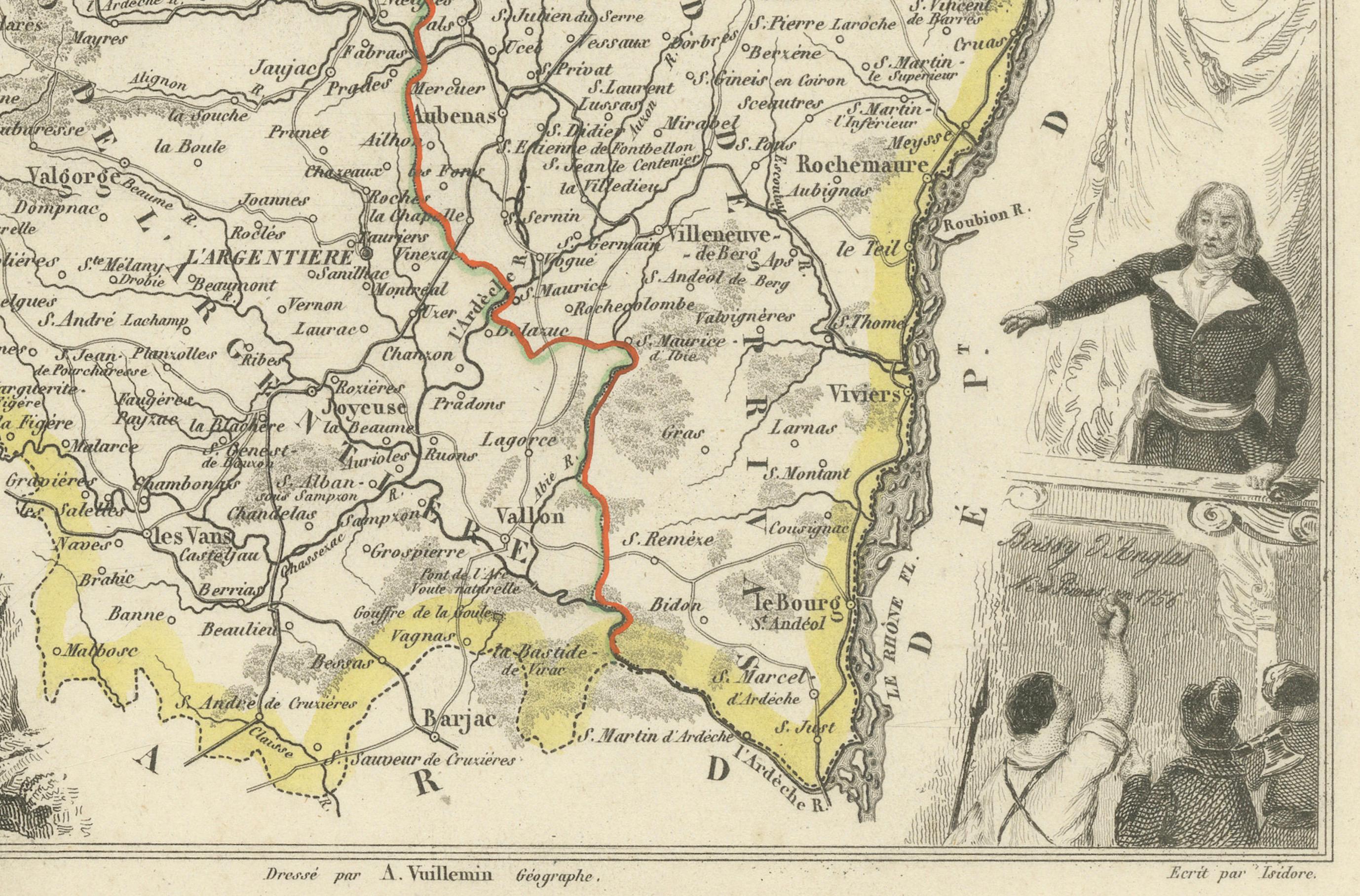 Engraved Map of Ardèche France with Annonay and Vineyards by Vuillemin, 19th c For Sale
