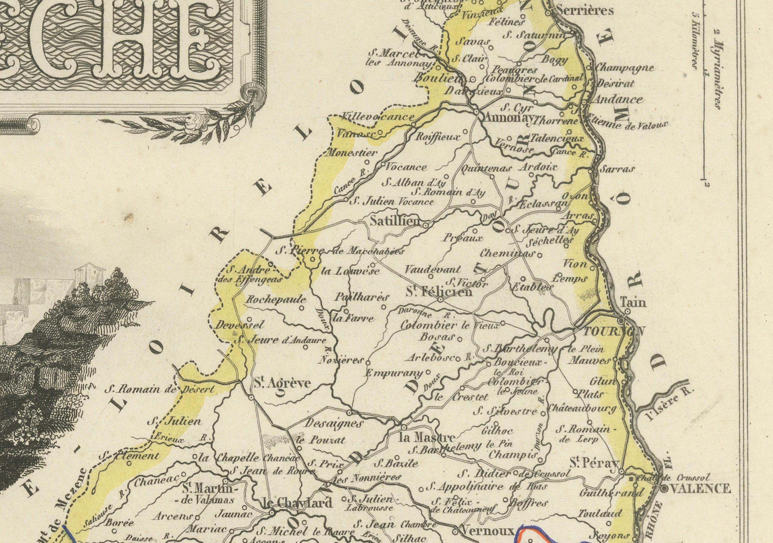 Map of Ardèche France with Annonay and Vineyards by Vuillemin, 19th c In Good Condition For Sale In Langweer, NL