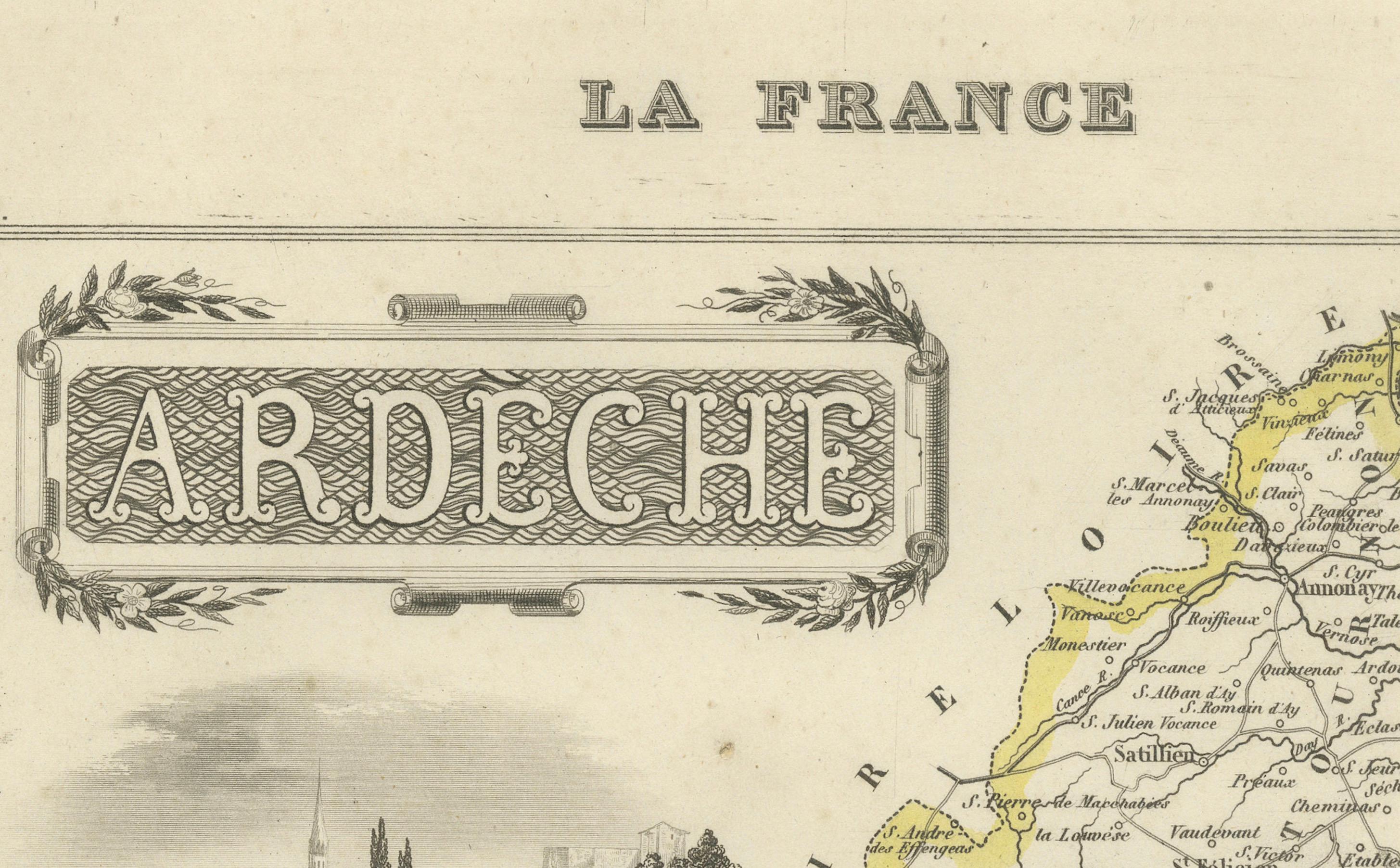 19th Century Map of Ardèche France with Annonay and Vineyards by Vuillemin, 19th c For Sale