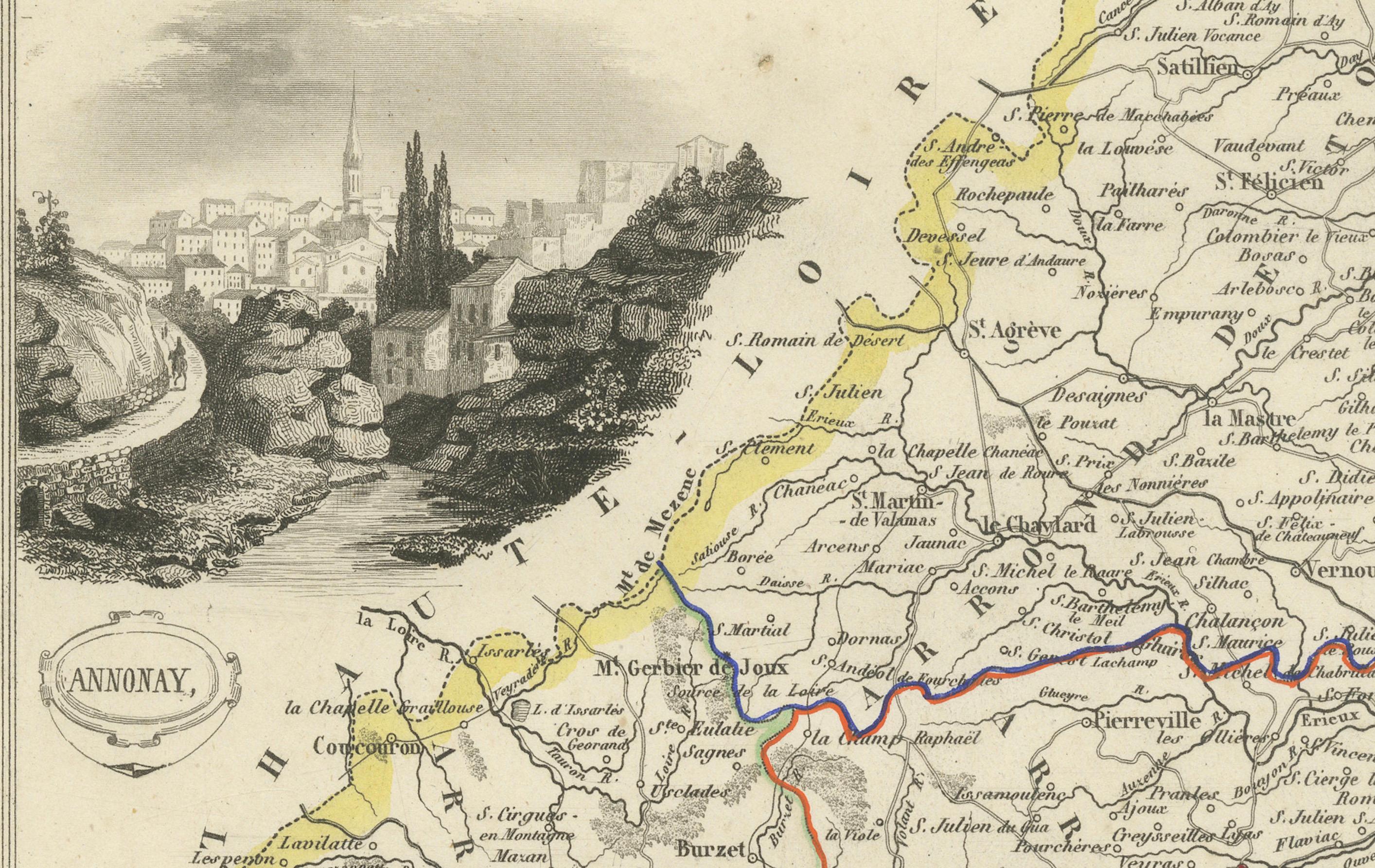 Paper Map of Ardèche France with Annonay and Vineyards by Vuillemin, 19th c For Sale