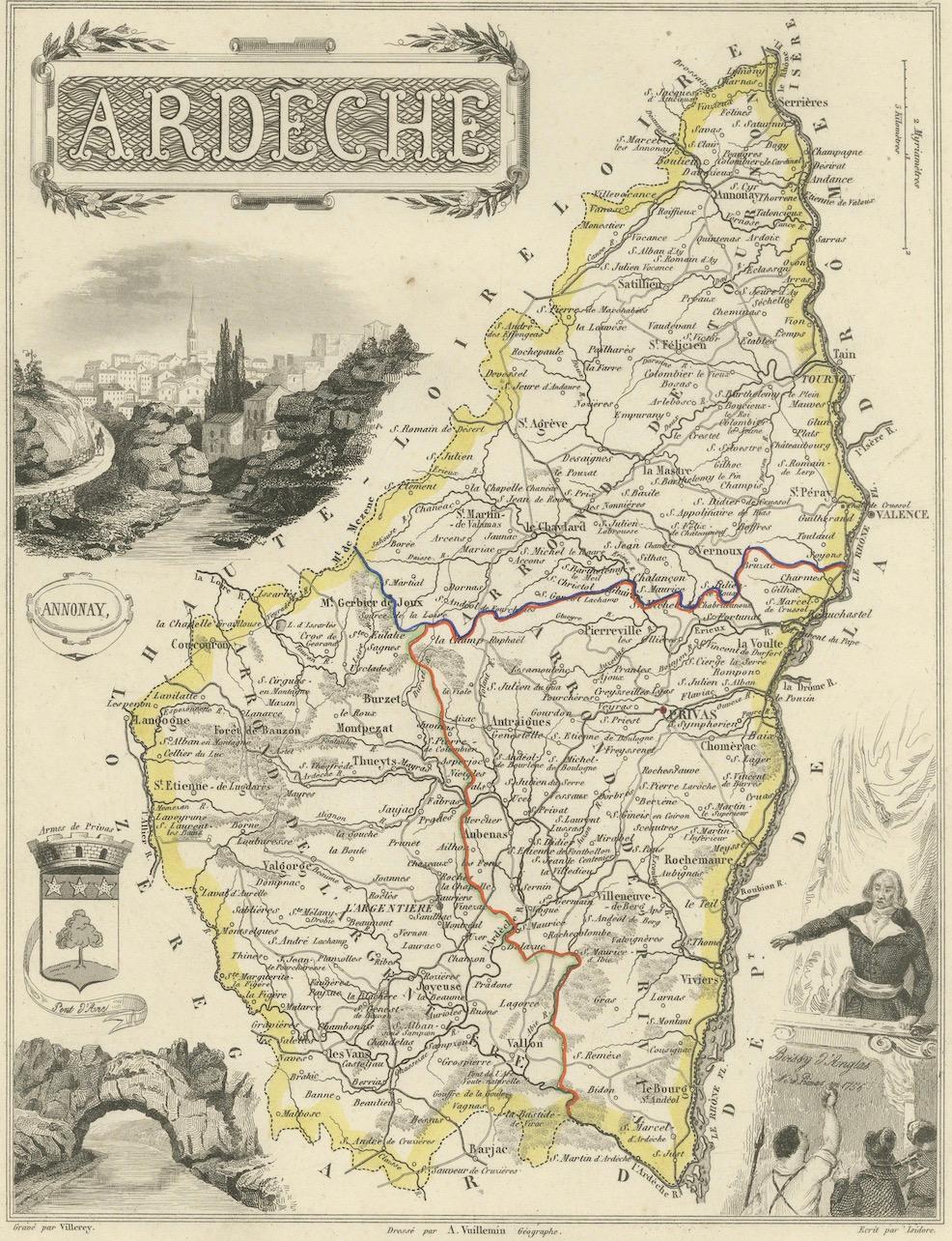 Map of Ardèche France with Annonay and Vineyards by Vuillemin, 19th c For Sale 1