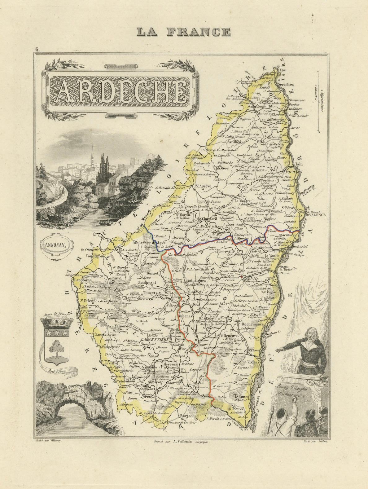Map of Ardèche France with Annonay and Vineyards by Vuillemin, 19th c For Sale 2