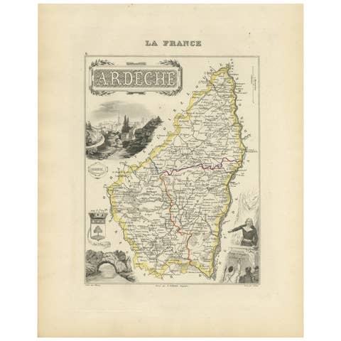 Map of Ardèche France with Annonay and Vineyards by Vuillemin, 19th c