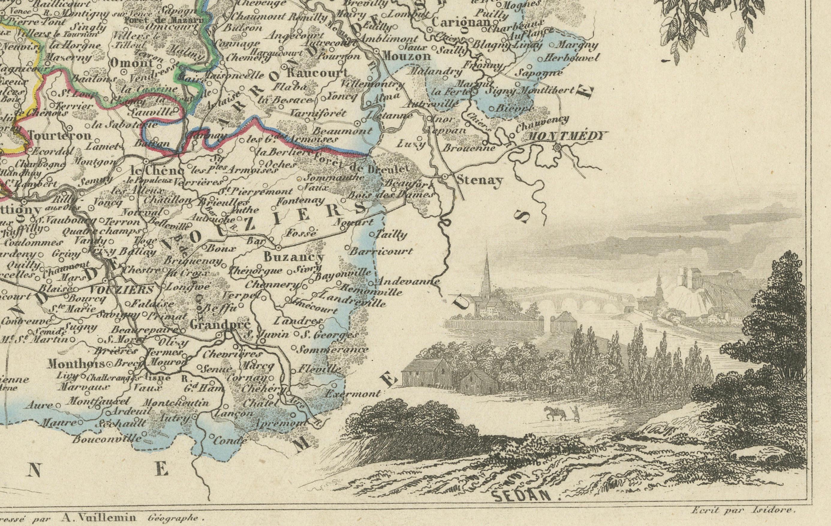 Engraved Map of Ardennes France with Sedan and Military History by Vuillemin, c.1850 For Sale