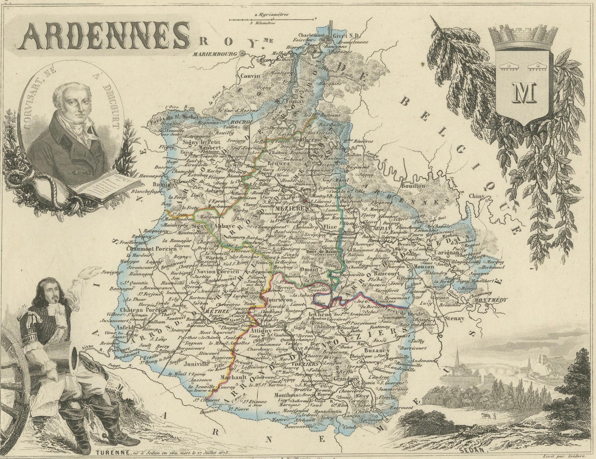Paper Map of Ardennes France with Sedan and Military History by Vuillemin, c.1850 For Sale
