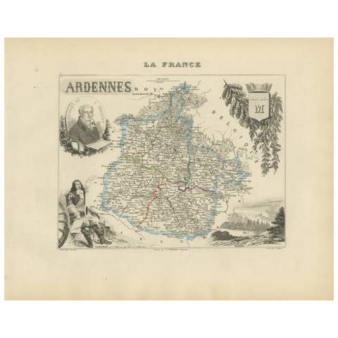 Map of Ardennes France with Sedan and Military History by Vuillemin, c.1850