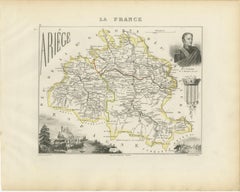 Map of Ariège France with Foix and Pyrenees Landscape by Vuillemin, 19th c
