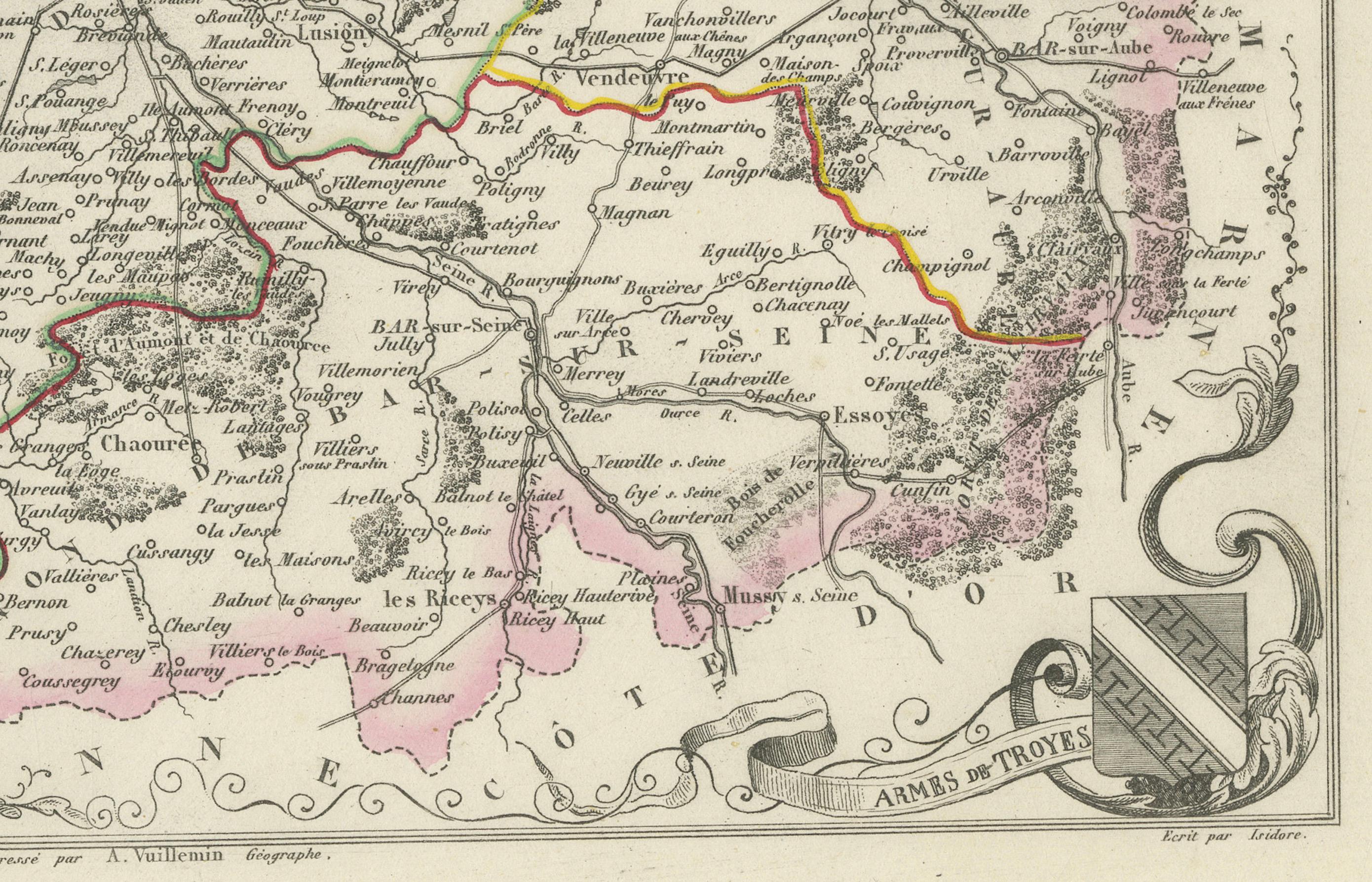 Map of Aube France with Troyes and Champagne Vineyards by Vuillemin, 19th c

Description:
This 19th-century map of the Aube department in the Grand Est region of northeastern France was engraved by Alexandre Vuillemin and published by Migeon in