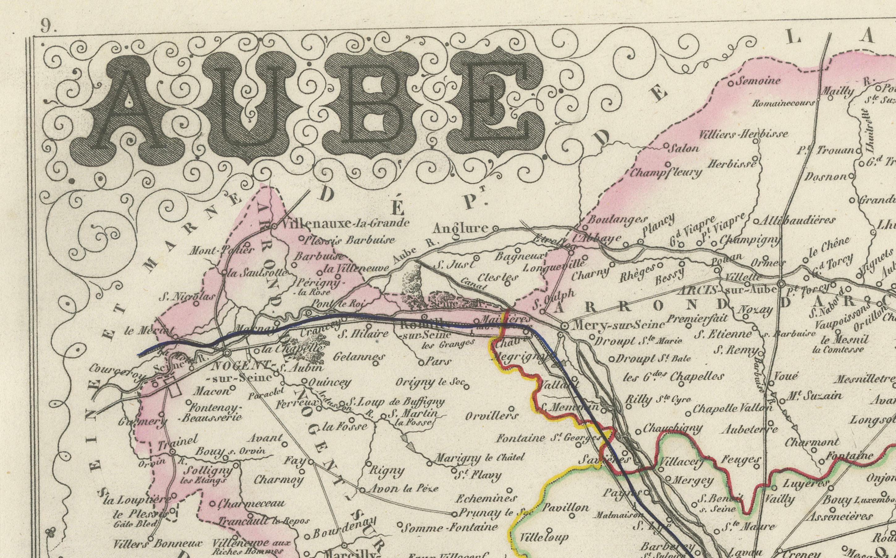Engraved Map of Aube France with Troyes and Champagne Wine Region, 19th Century For Sale