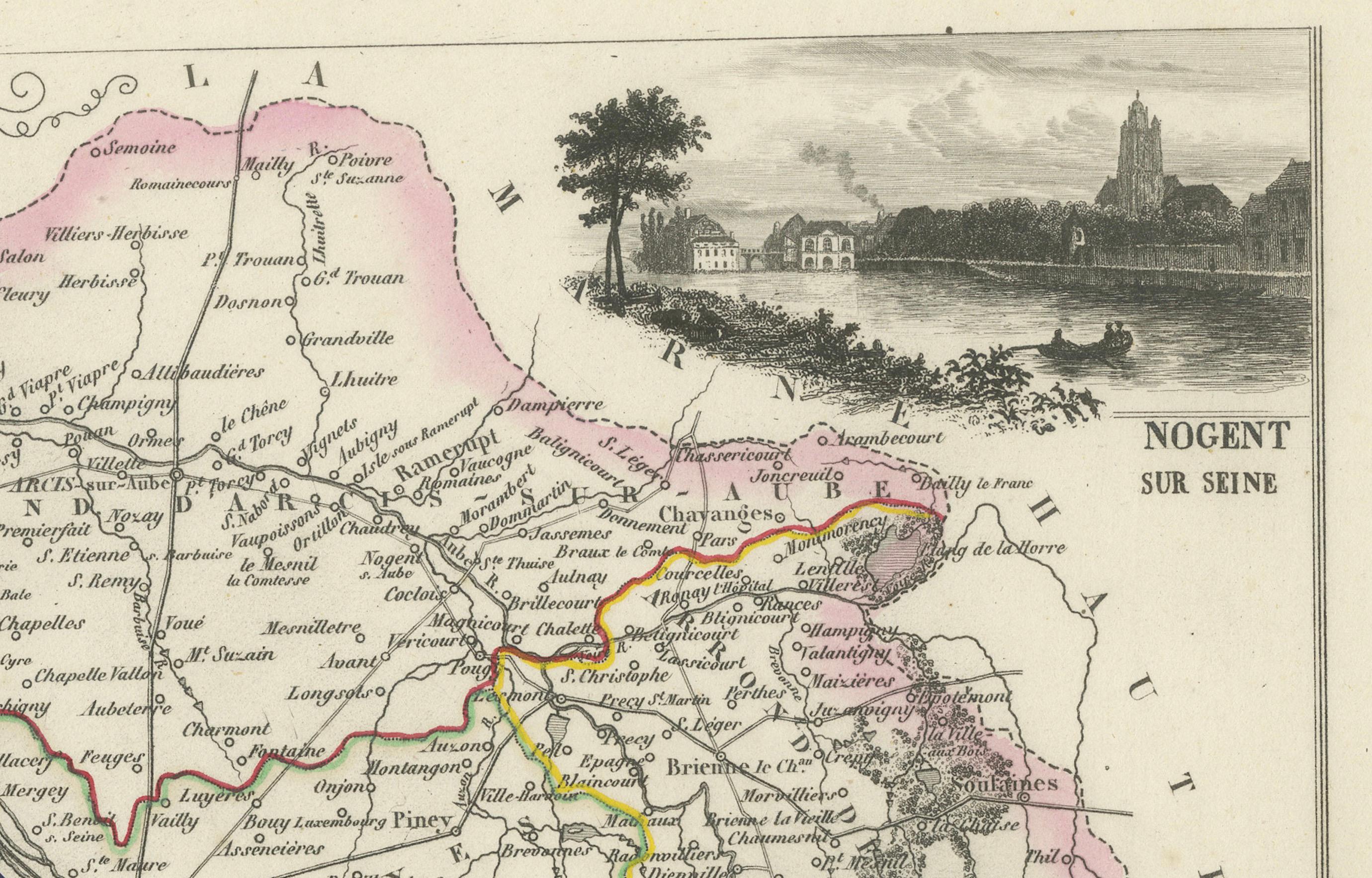 Map of Aube France with Troyes and Champagne Wine Region, 19th Century In Good Condition For Sale In Langweer, NL