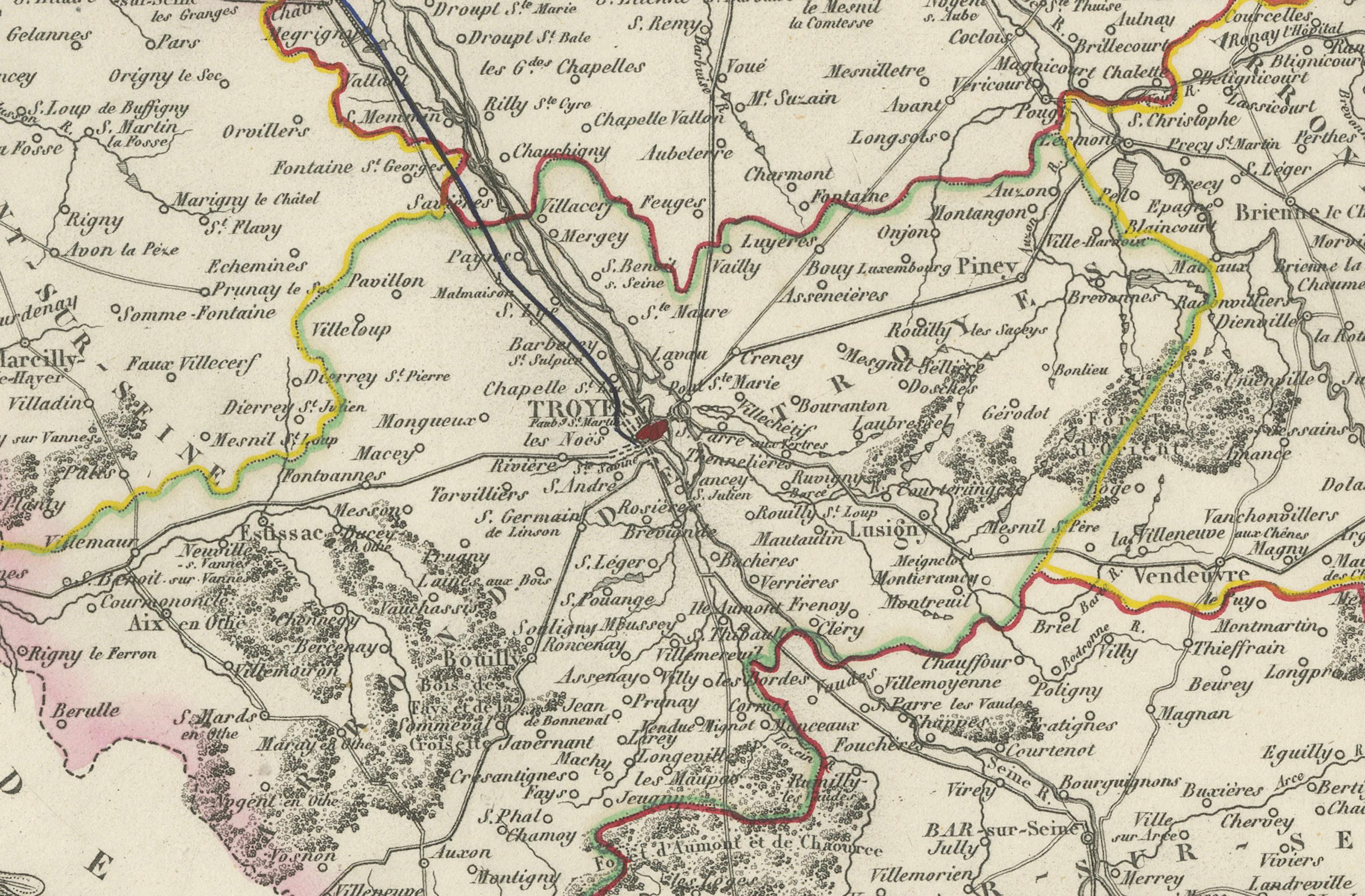Paper Map of Aube France with Troyes and Champagne Wine Region, 19th Century For Sale