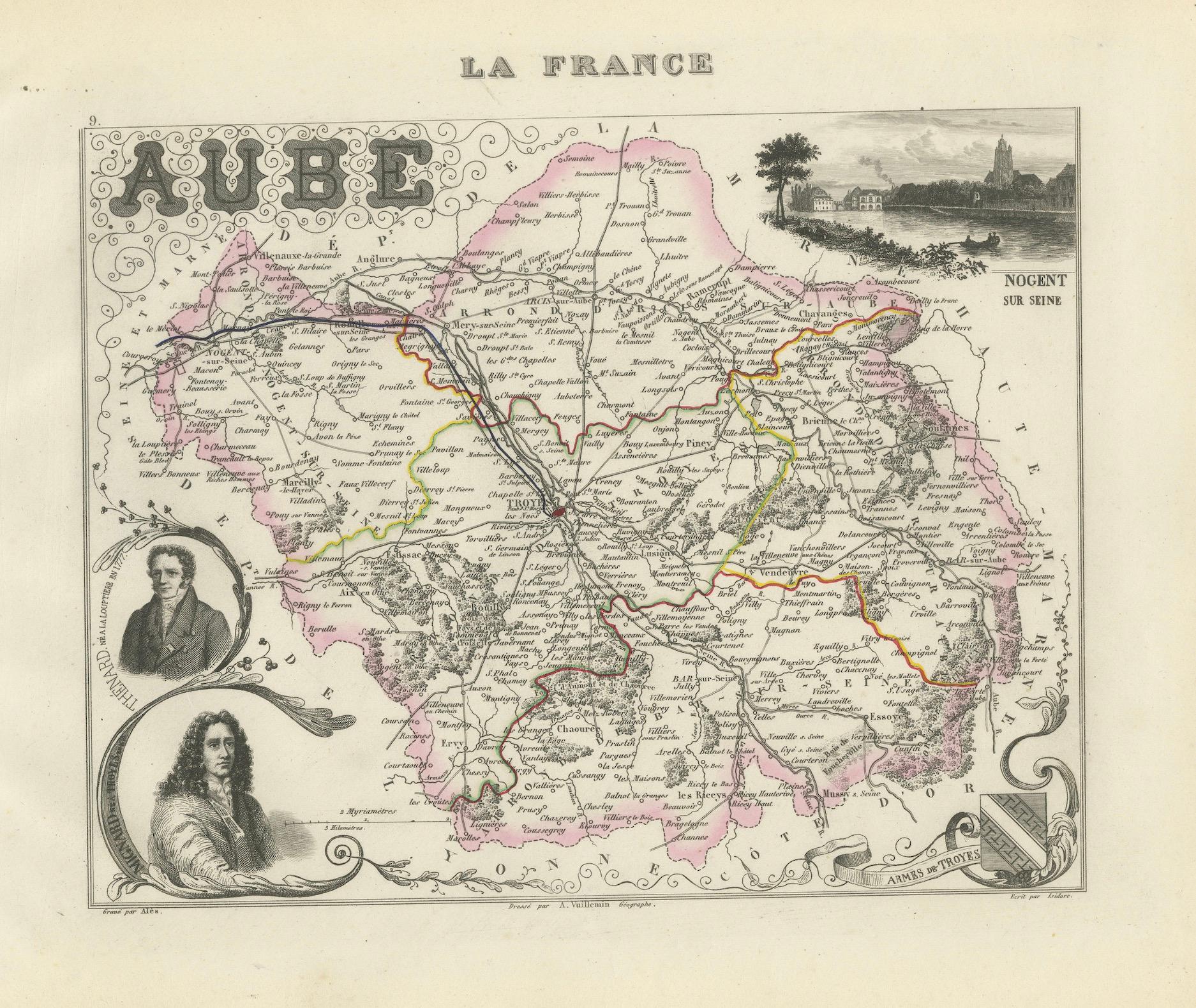 Map of Aube France with Troyes and Champagne Wine Region, 19th Century For Sale 1