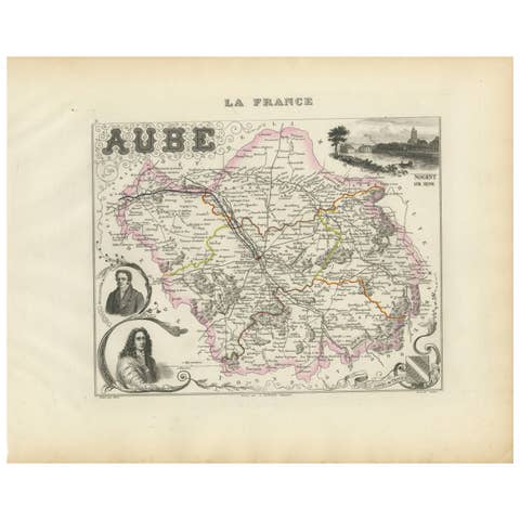 Map of Aube France with Troyes and Champagne Wine Region, 19th Century
