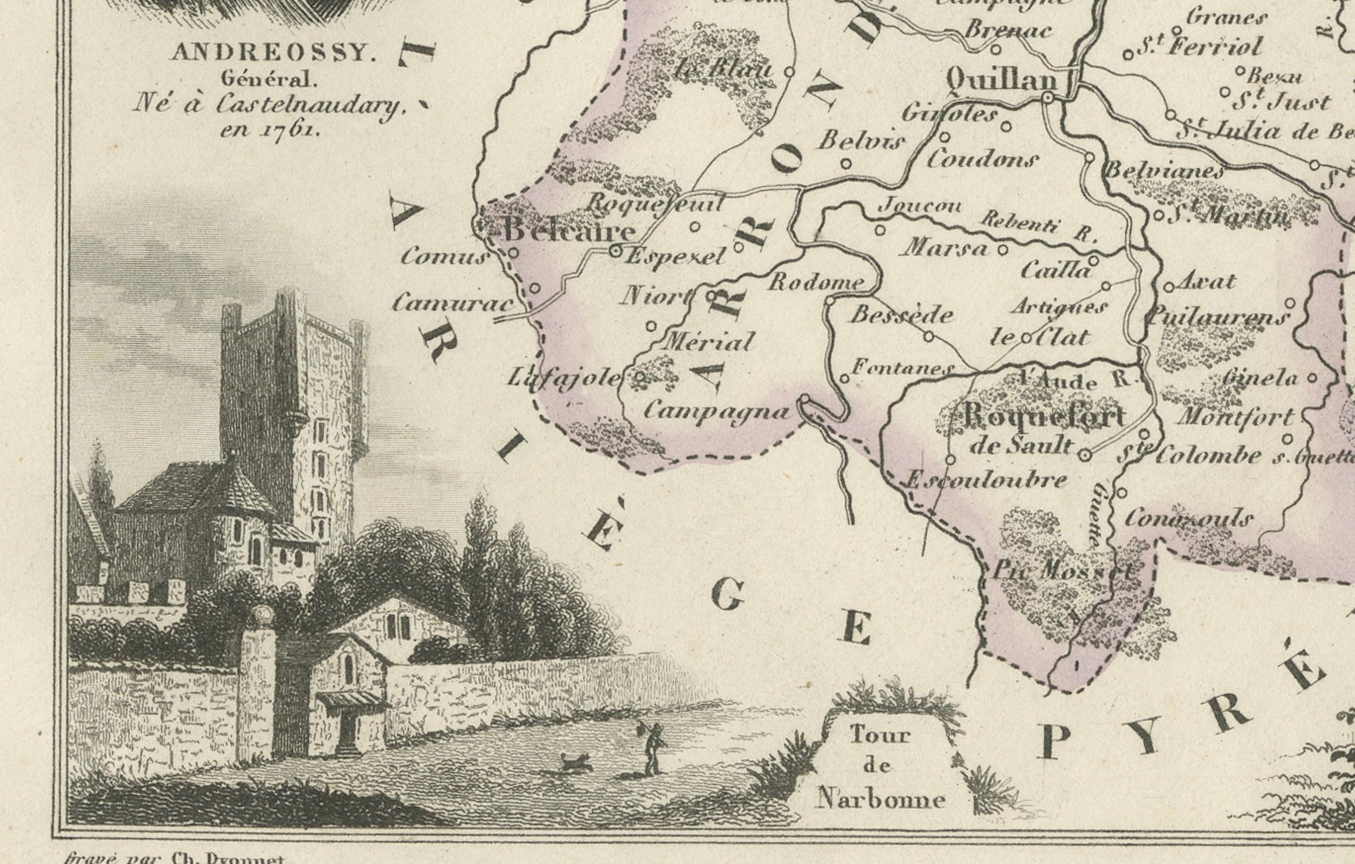 Map of Aude France with Carcassonne and Languedoc Vineyards, 19th Century In Good Condition For Sale In Langweer, NL