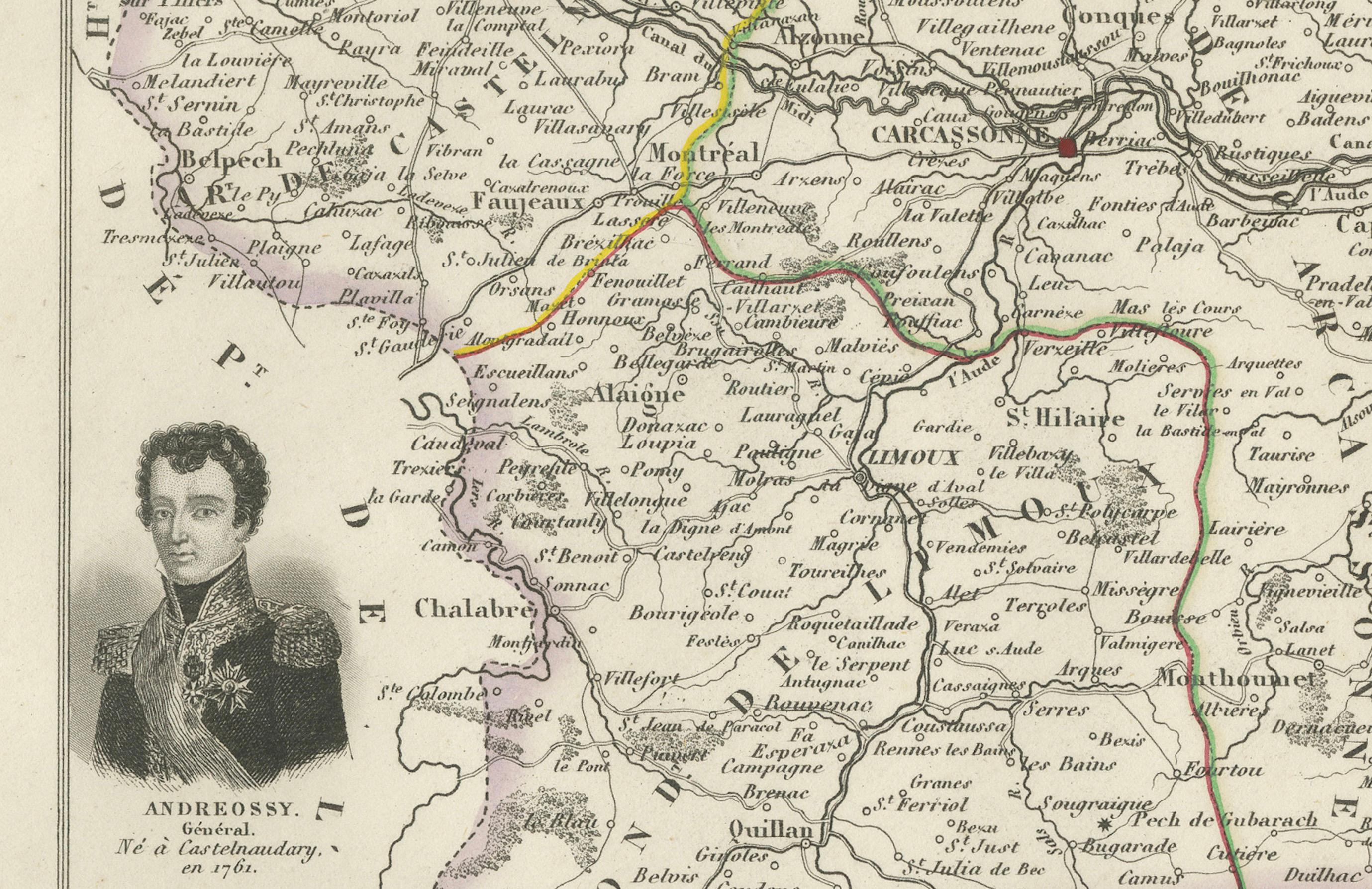 Paper Map of Aude France with Carcassonne and Languedoc Vineyards, 19th Century For Sale