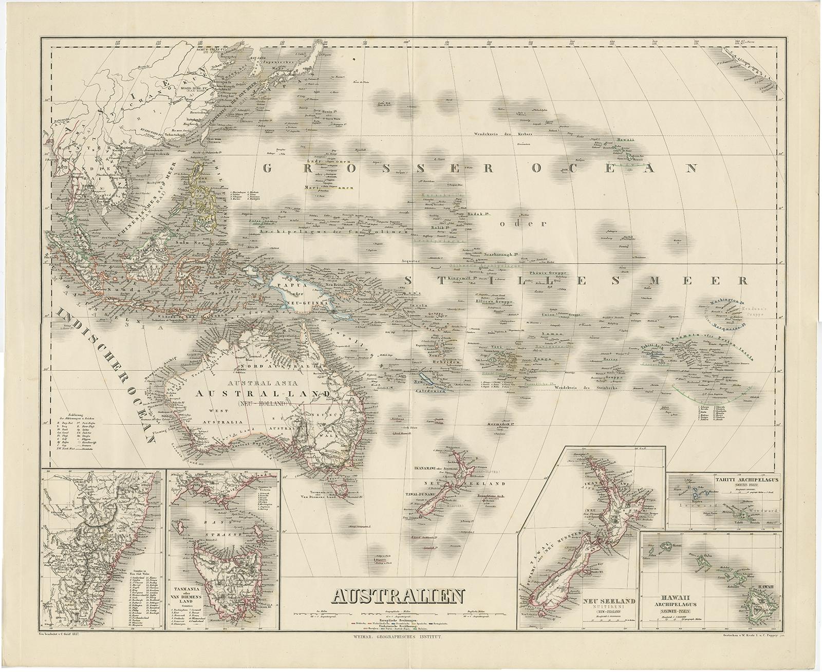 Karte von Australien, Neuseeland, einem Teil von China, Japan und Southeast Asia, 1857 (Papier) im Angebot