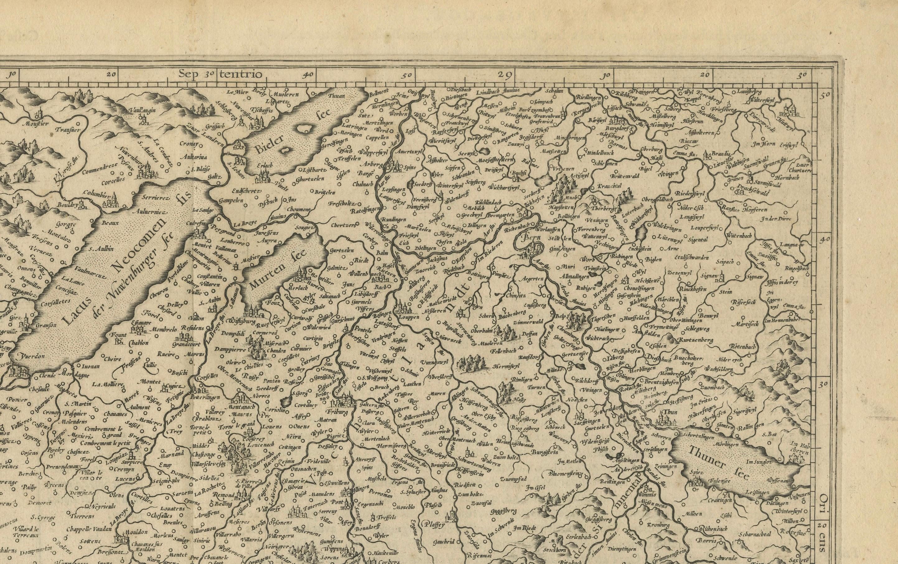 Mapa de Wiflispurgergov por Gerardus Mercator, Región de Avenches, 1585

Este mapa raro y finamente grabado, titulado *Das Wiflispurgergov*, fue realizado por Gerardus Mercator y publicado en Duisburgo en 1585. Ofrece una representación detallada de