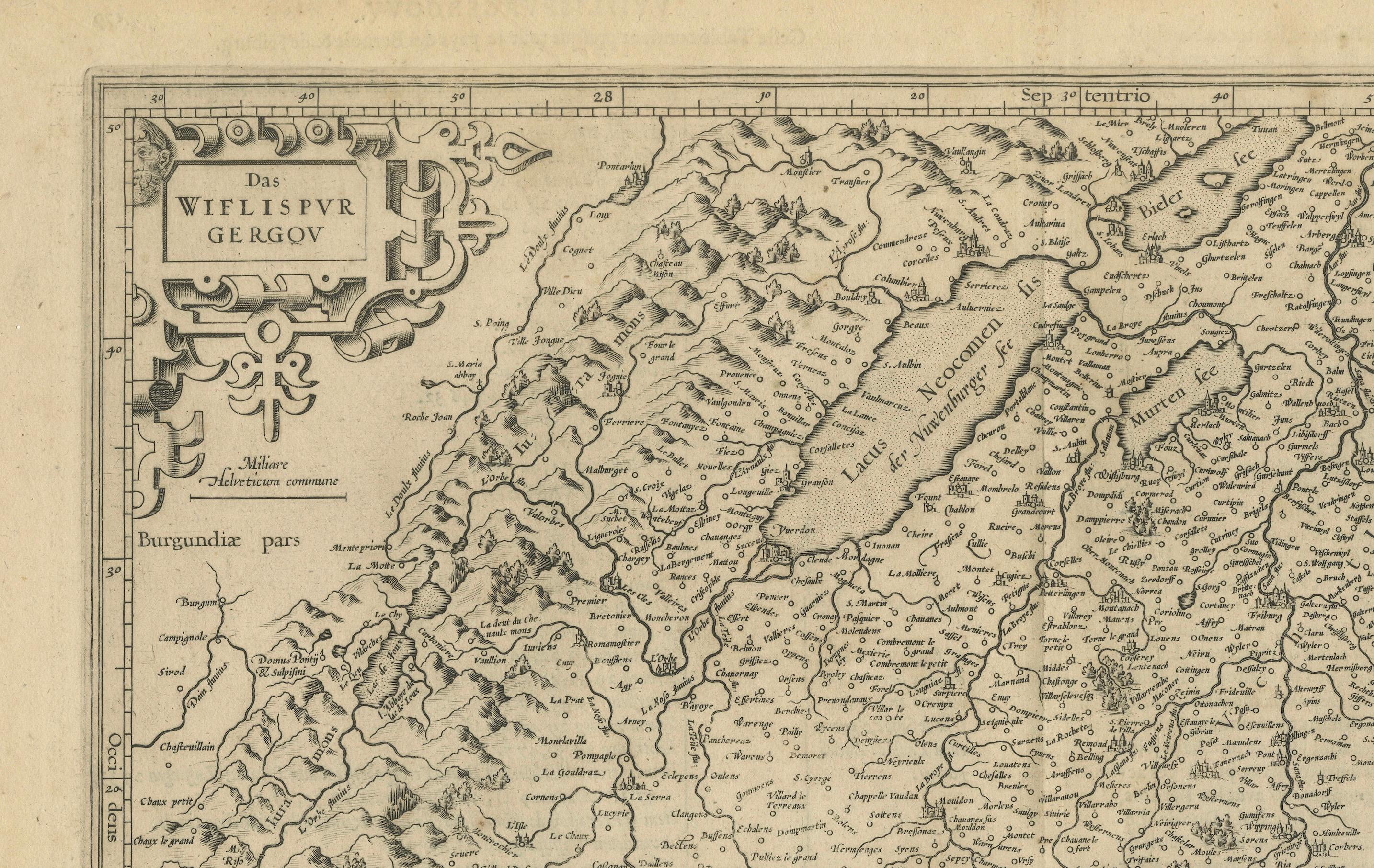 Mapa de la región suiza de Avenches por Mercator, grabado original de 1585 en Bueno estado para la venta en Langweer, NL