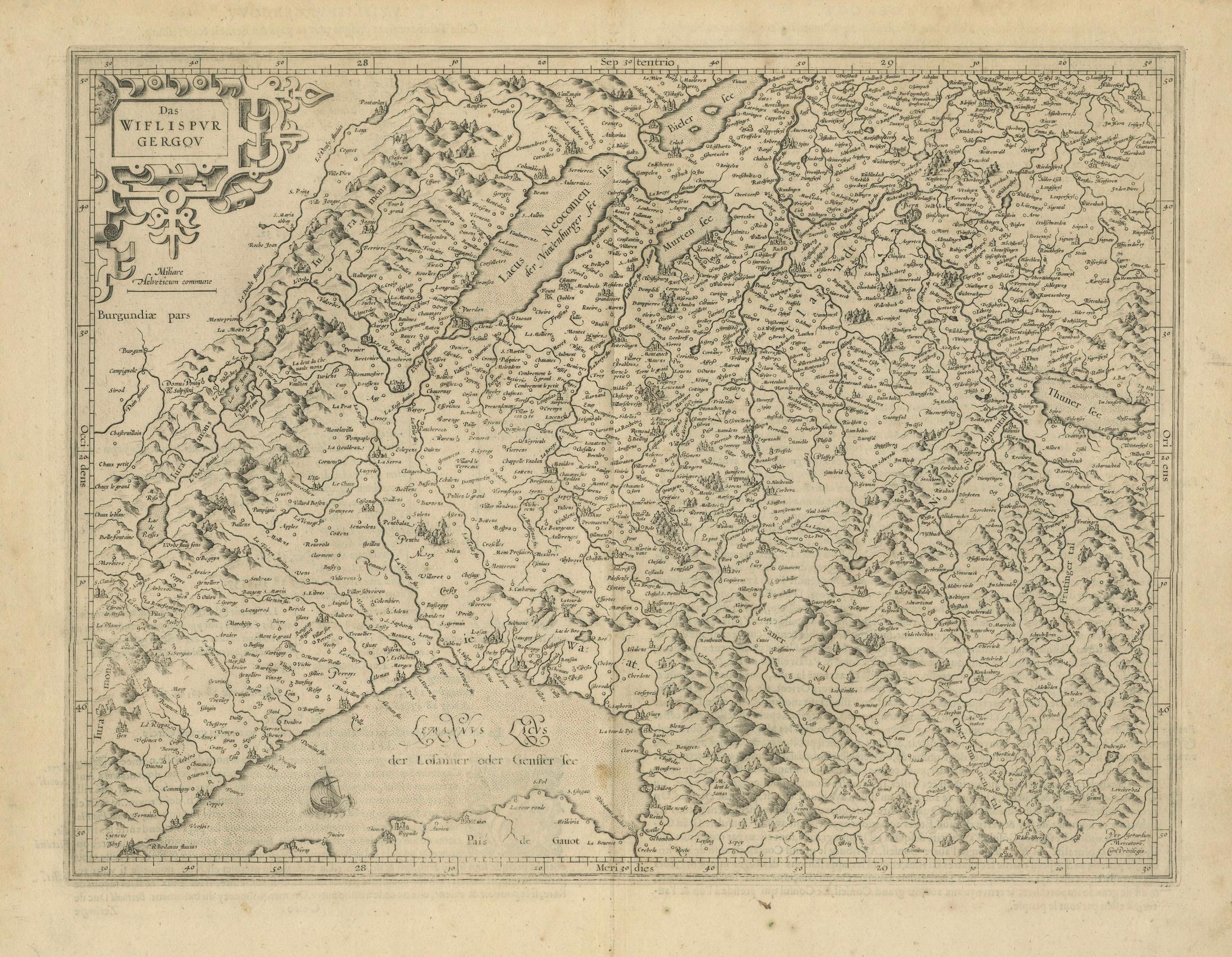 Mapa de la región suiza de Avenches por Mercator, grabado original de 1585 siglo XVIII y antes en venta