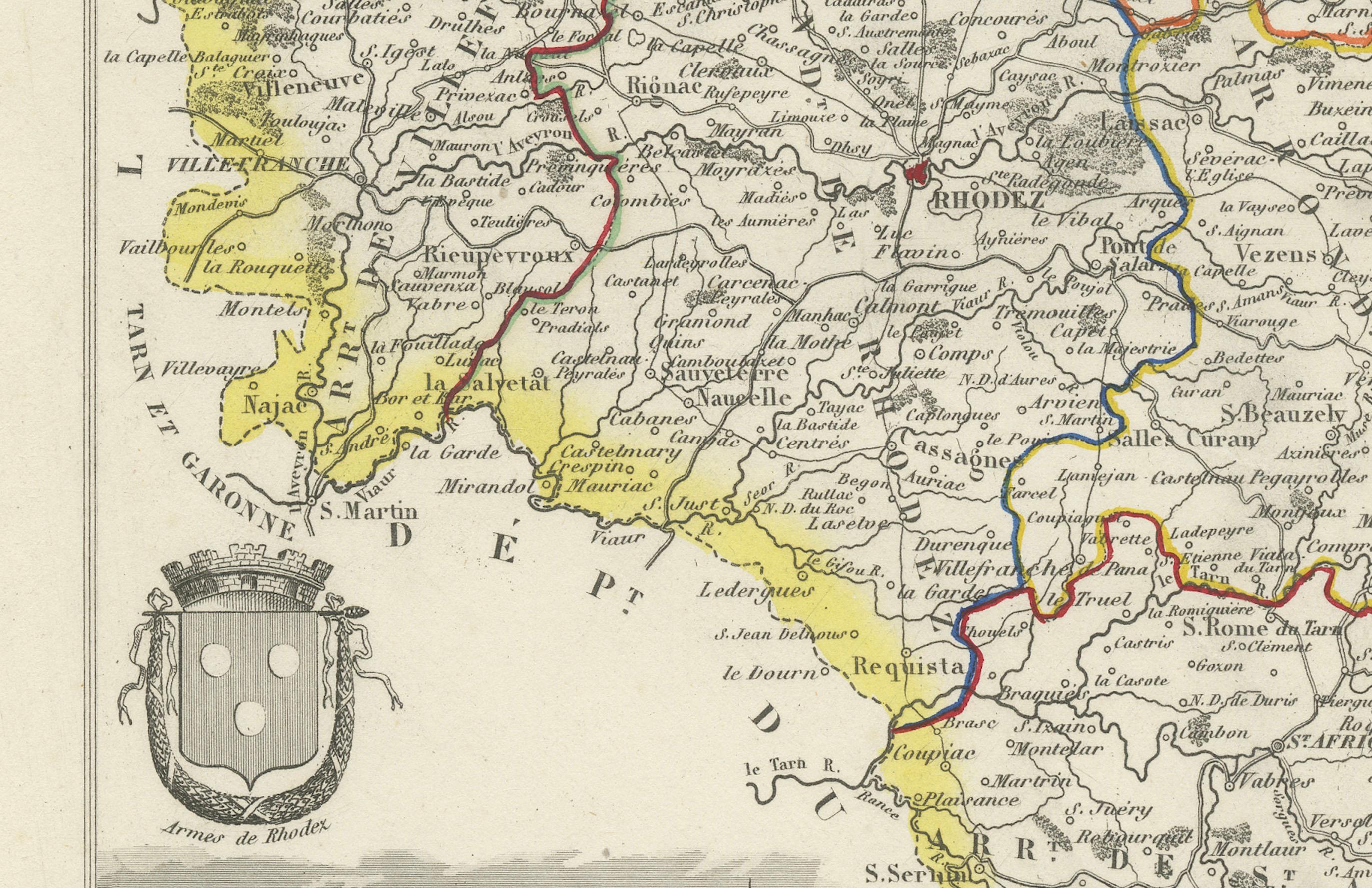French Map of Aveyron France with Rodez, Millau and Wine Routes, 19th Century For Sale