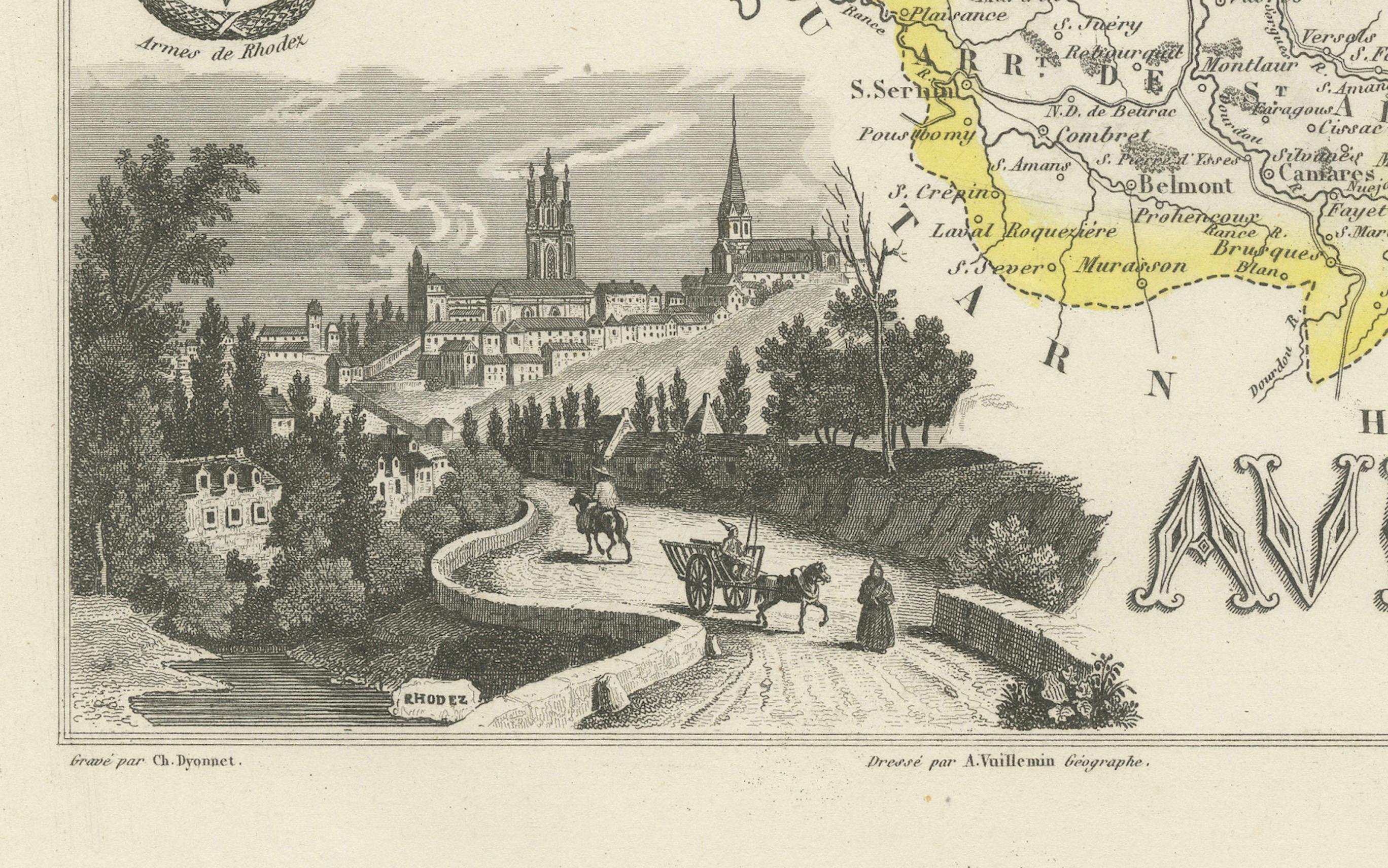 Engraved Map of Aveyron France with Rodez, Millau and Wine Routes, 19th Century For Sale