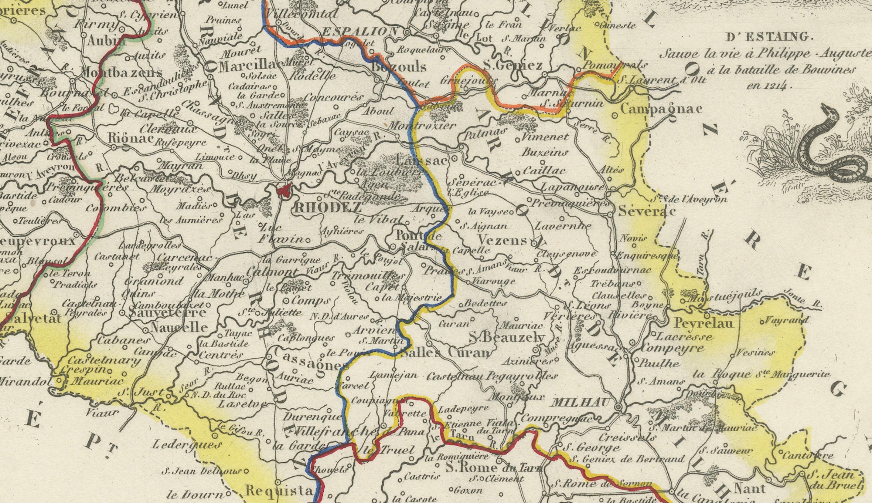 Map of Aveyron France with Rodez, Millau and Wine Routes, 19th Century In Good Condition For Sale In Langweer, NL