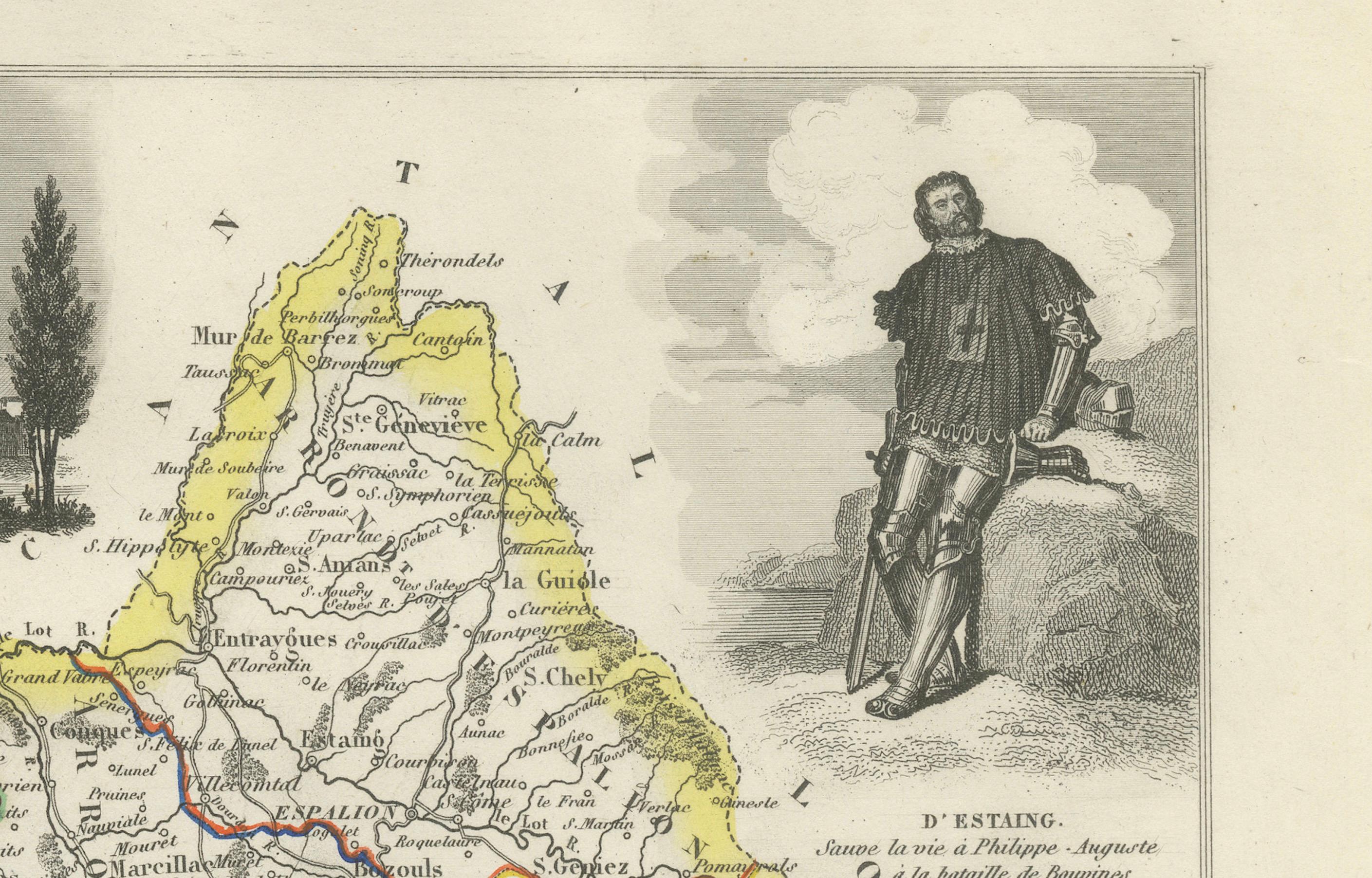 Paper Map of Aveyron France with Rodez, Millau and Wine Routes, 19th Century For Sale