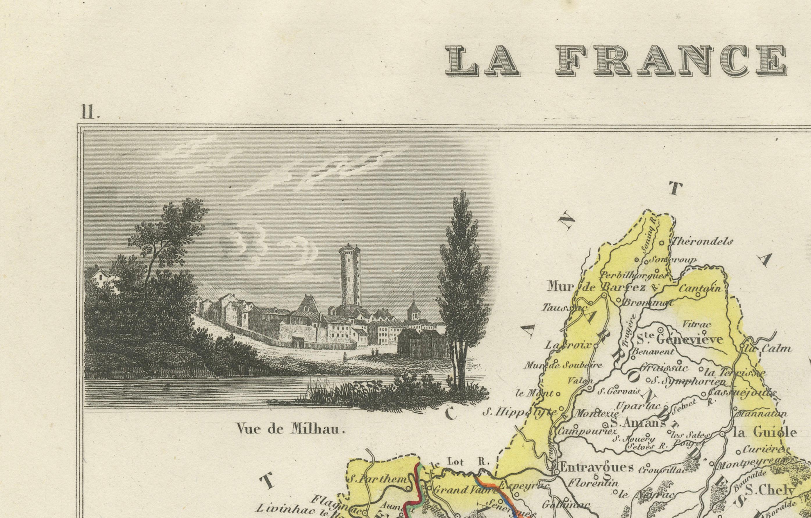 Map of Aveyron France with Rodez, Millau and Wine Routes, 19th Century For Sale 1