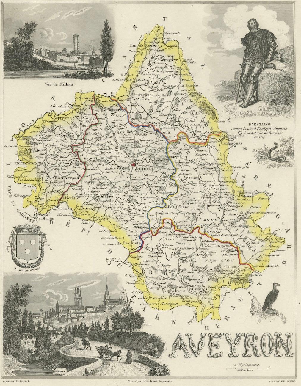 Map of Aveyron France with Rodez, Millau and Wine Routes, 19th Century For Sale 2