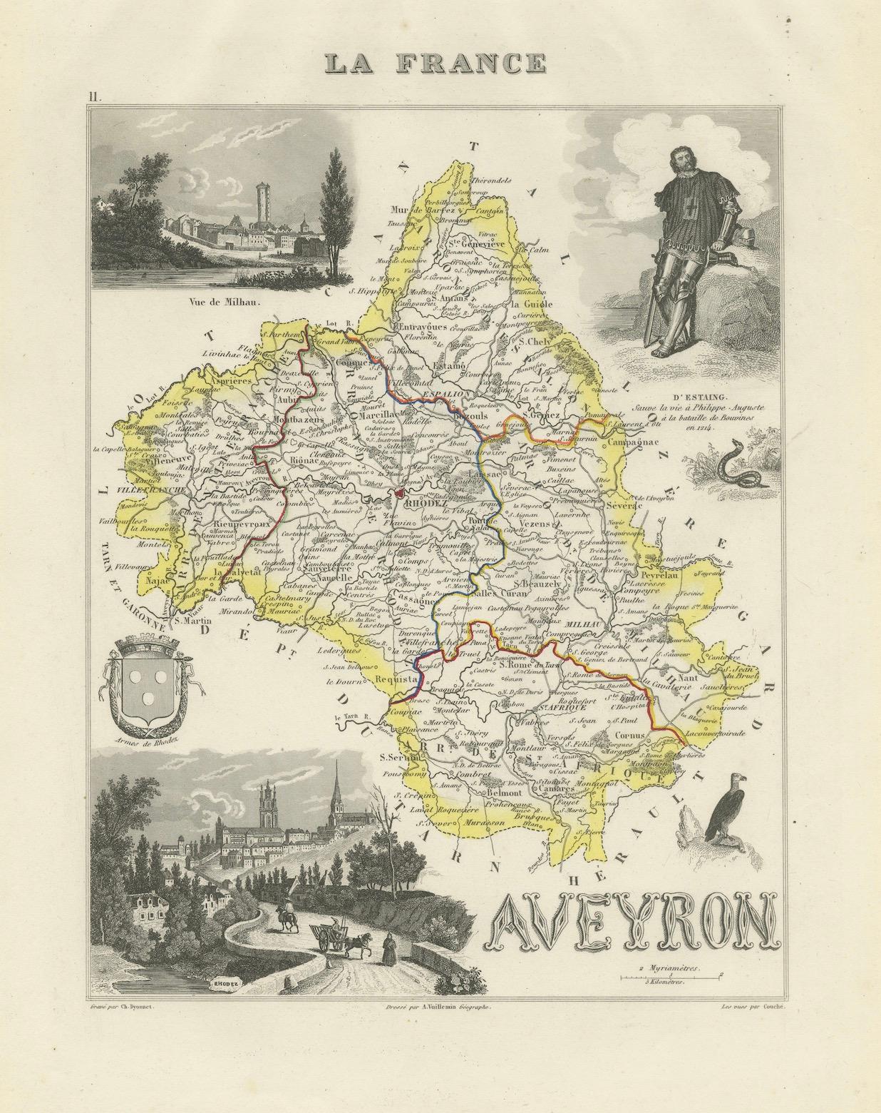 Map of Aveyron France with Rodez, Millau and Wine Routes, 19th Century For Sale 3