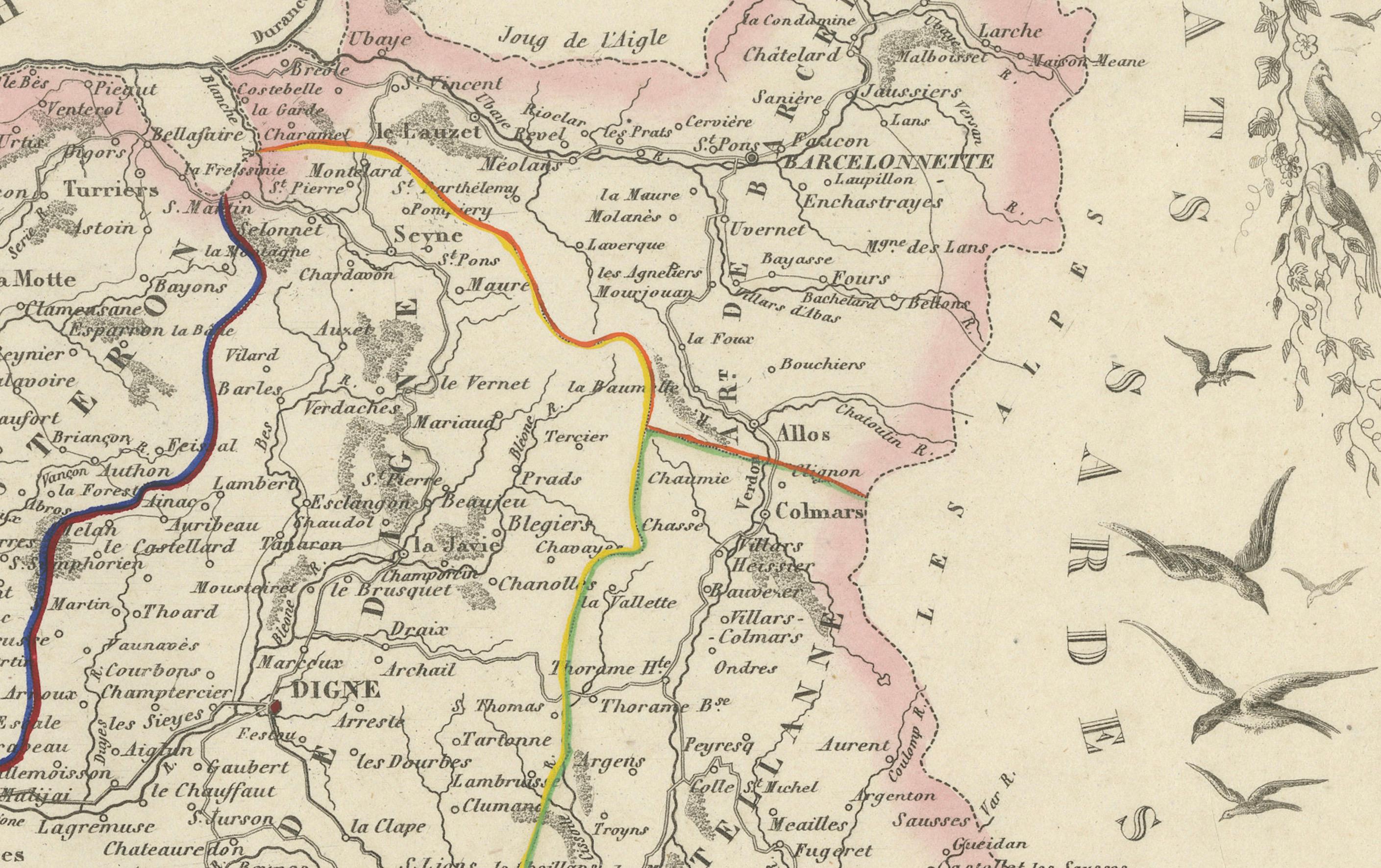 French Map of Basses-Alpes France with Digne and Lavender Region by Vuillemin, c.1850 For Sale