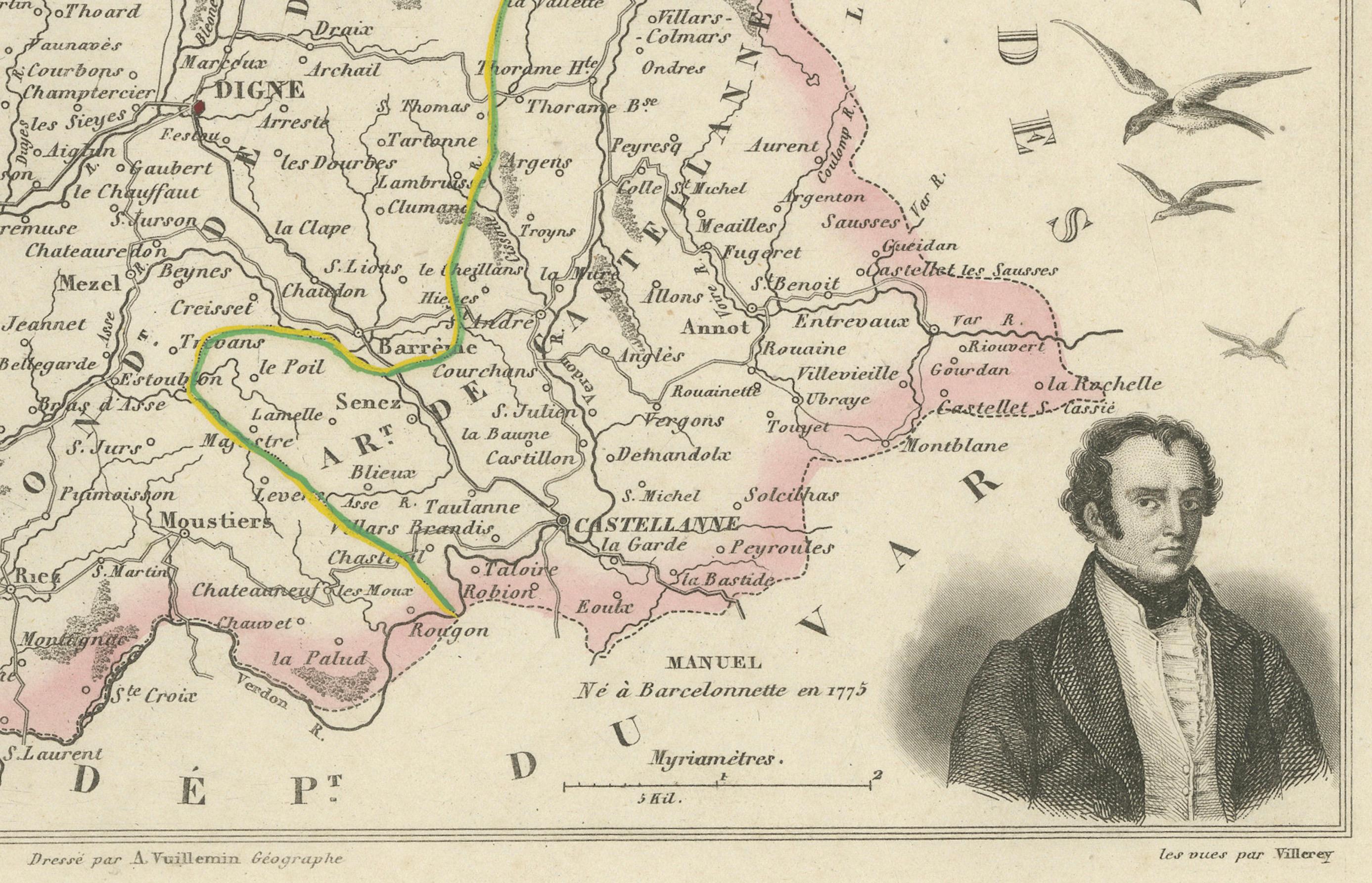 Engraved Map of Basses-Alpes France with Digne and Lavender Region by Vuillemin, c.1850 For Sale