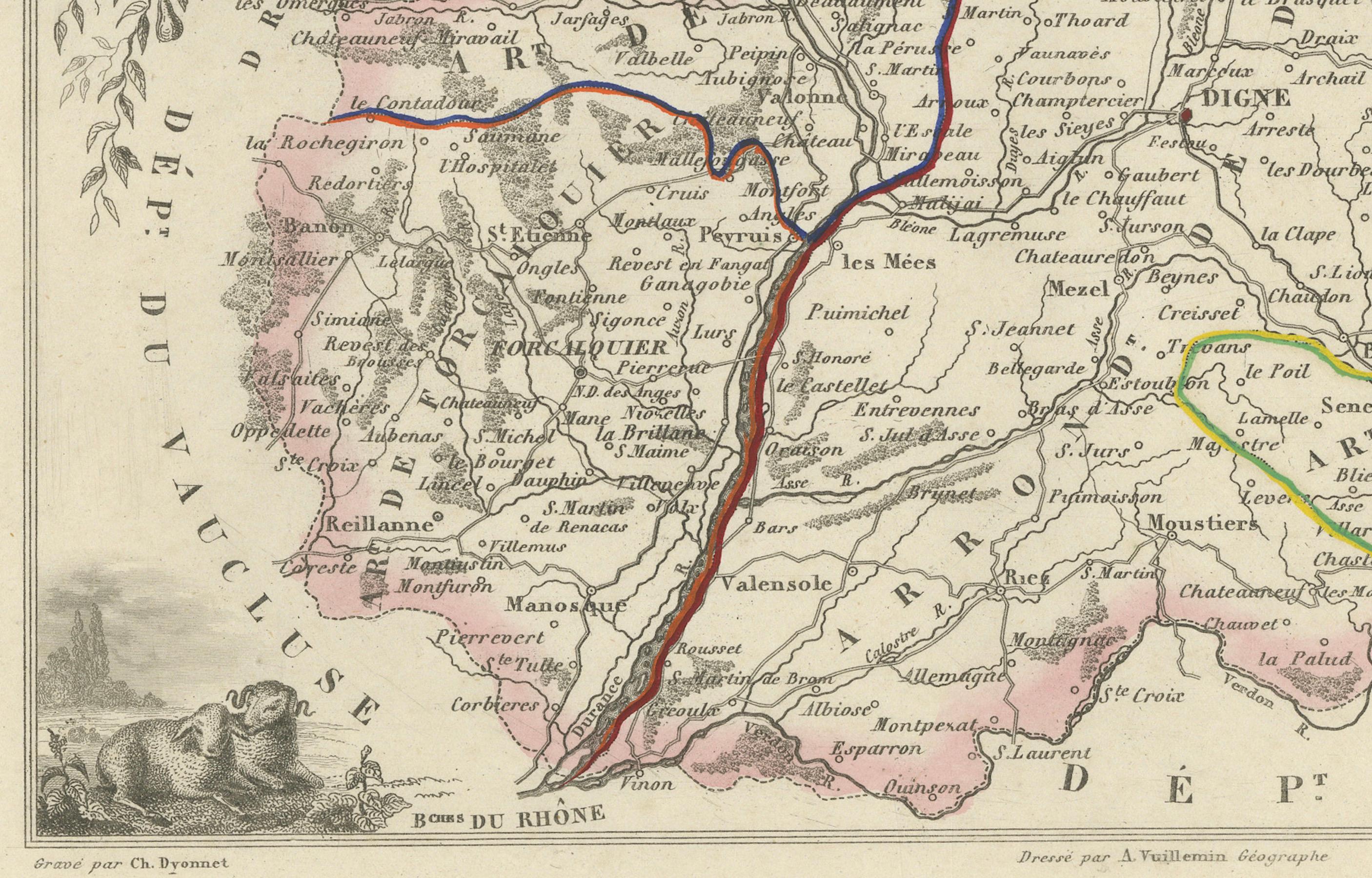 Map of Basses-Alpes France with Digne and Lavender Region by Vuillemin, c.1850 In Good Condition For Sale In Langweer, NL