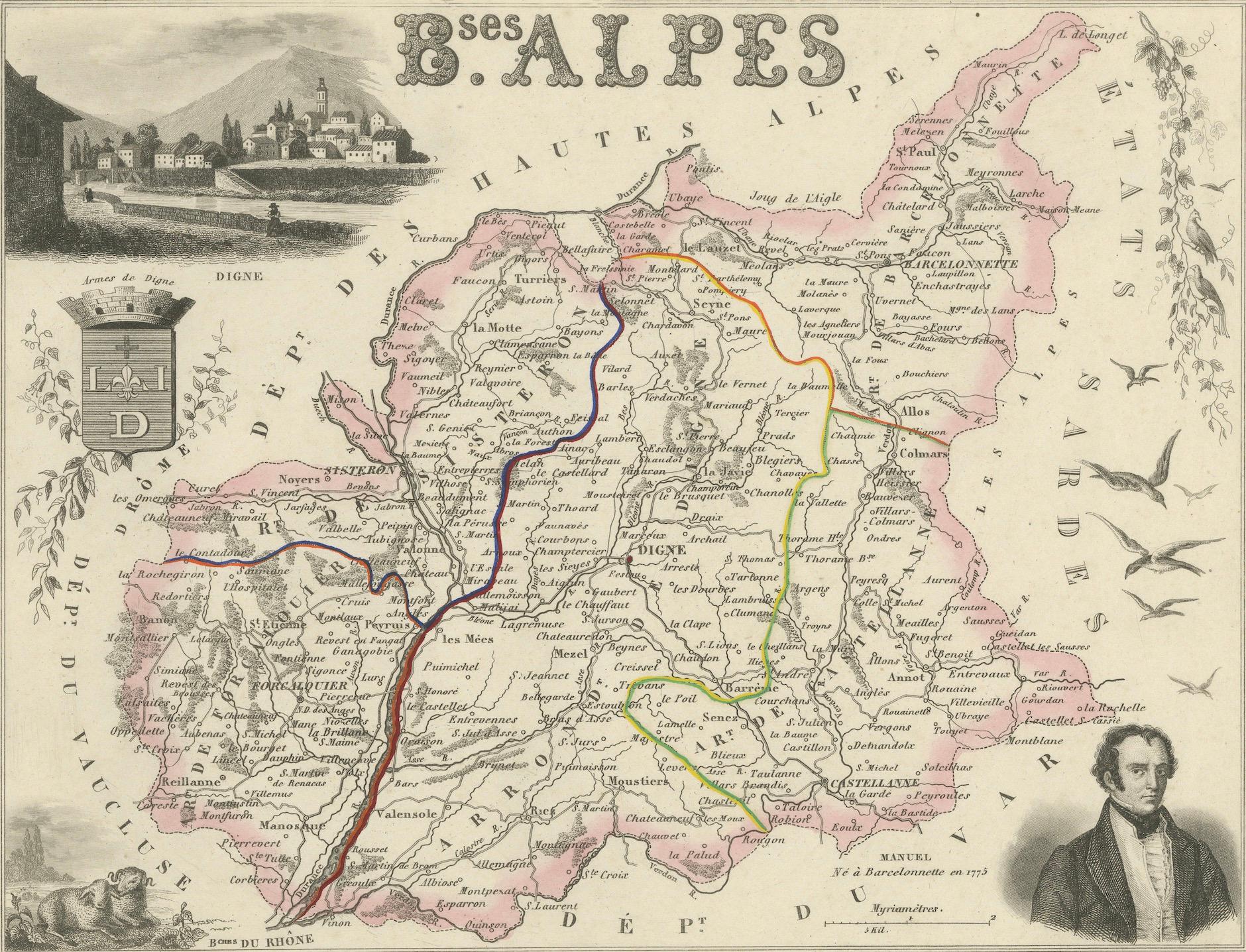 Paper Map of Basses-Alpes France with Digne and Lavender Region by Vuillemin, c.1850 For Sale