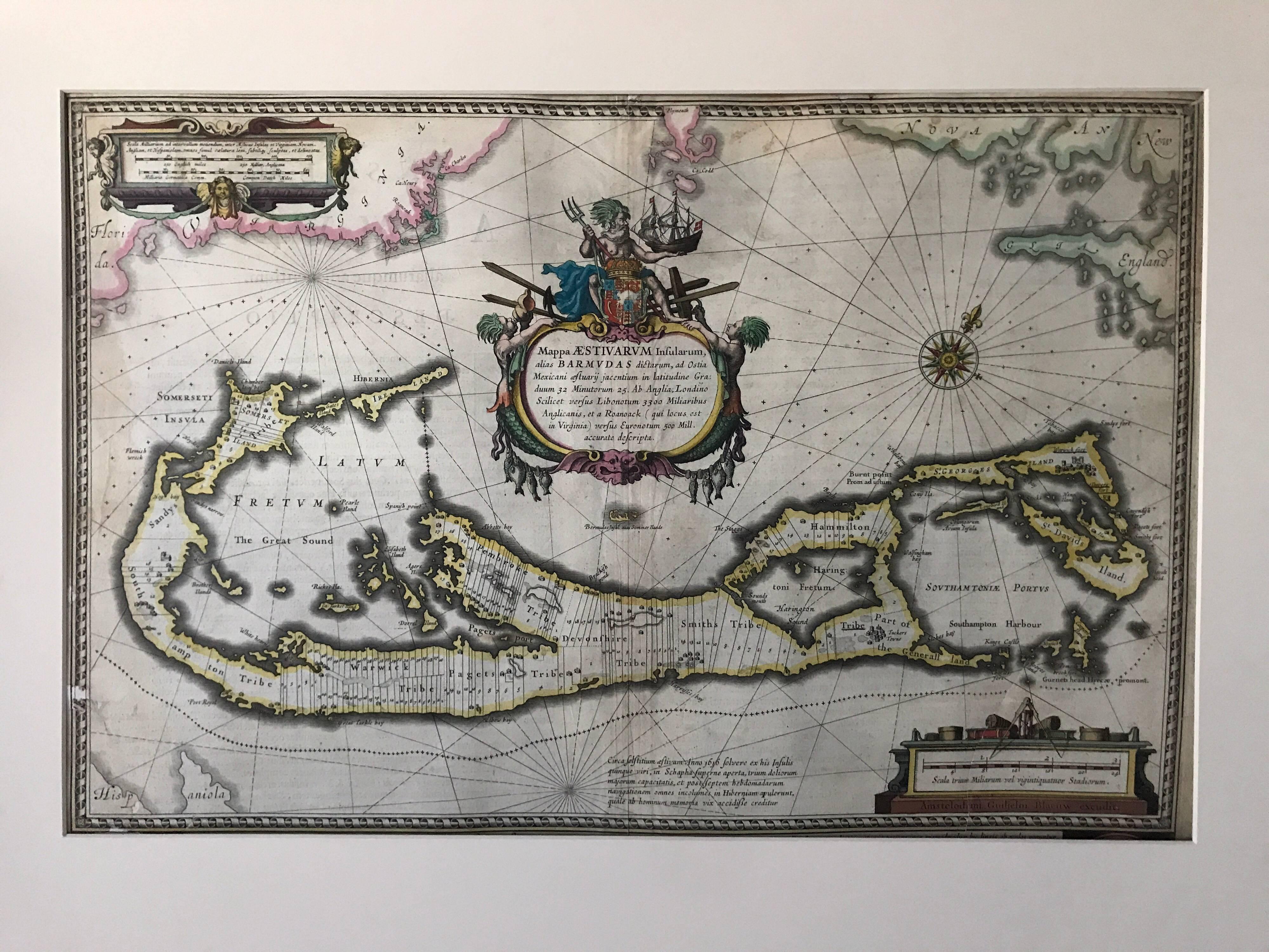 Map of Bermuda, Guiljelm Blaeuw, Mappa Aestivarum Insularum, alias Barmudas. Amsterdam, circa 1640.
Colored engraved map with large figurative cartouche and compass rose. Latin text on verso, describing the Bermuda Isalnds, the dimensions of the